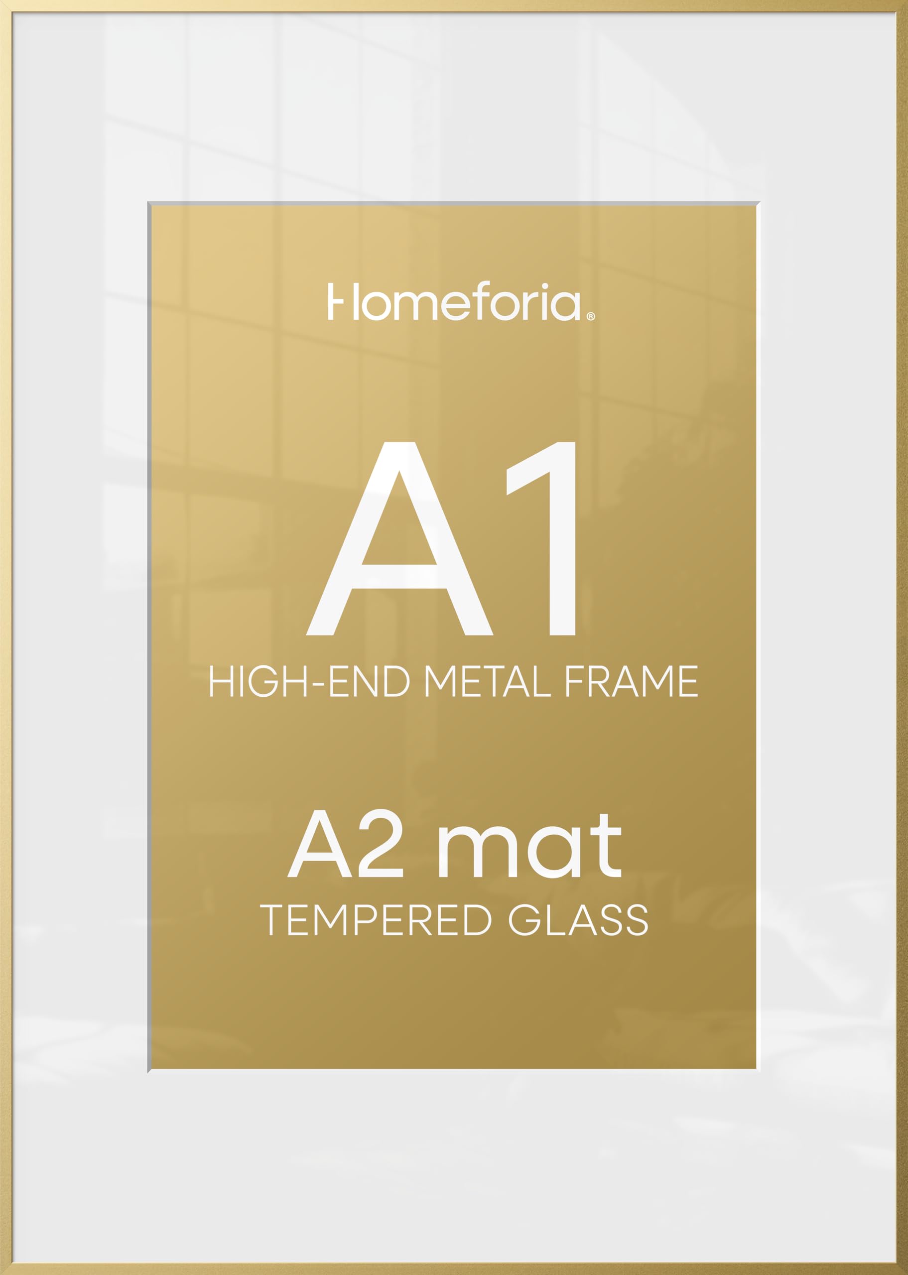 Homeforia A1 Gold Poster Frame, High-End Metal, A2 Mat, Glass | High End Aluminum, Tempered Glass, Acid-Free A2 Removable Mat, A1 Edge-to-Edge Display, Wall Kit, Set Of 1