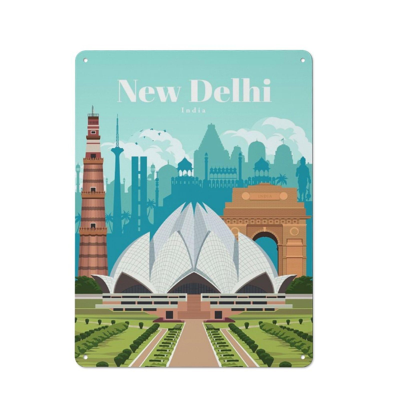 Junmoney Travel To New Delhi Retro Tin Wall Plaque 40X30cm For Home Office Or Studio, Wall Decoration For Home Offices And Studios