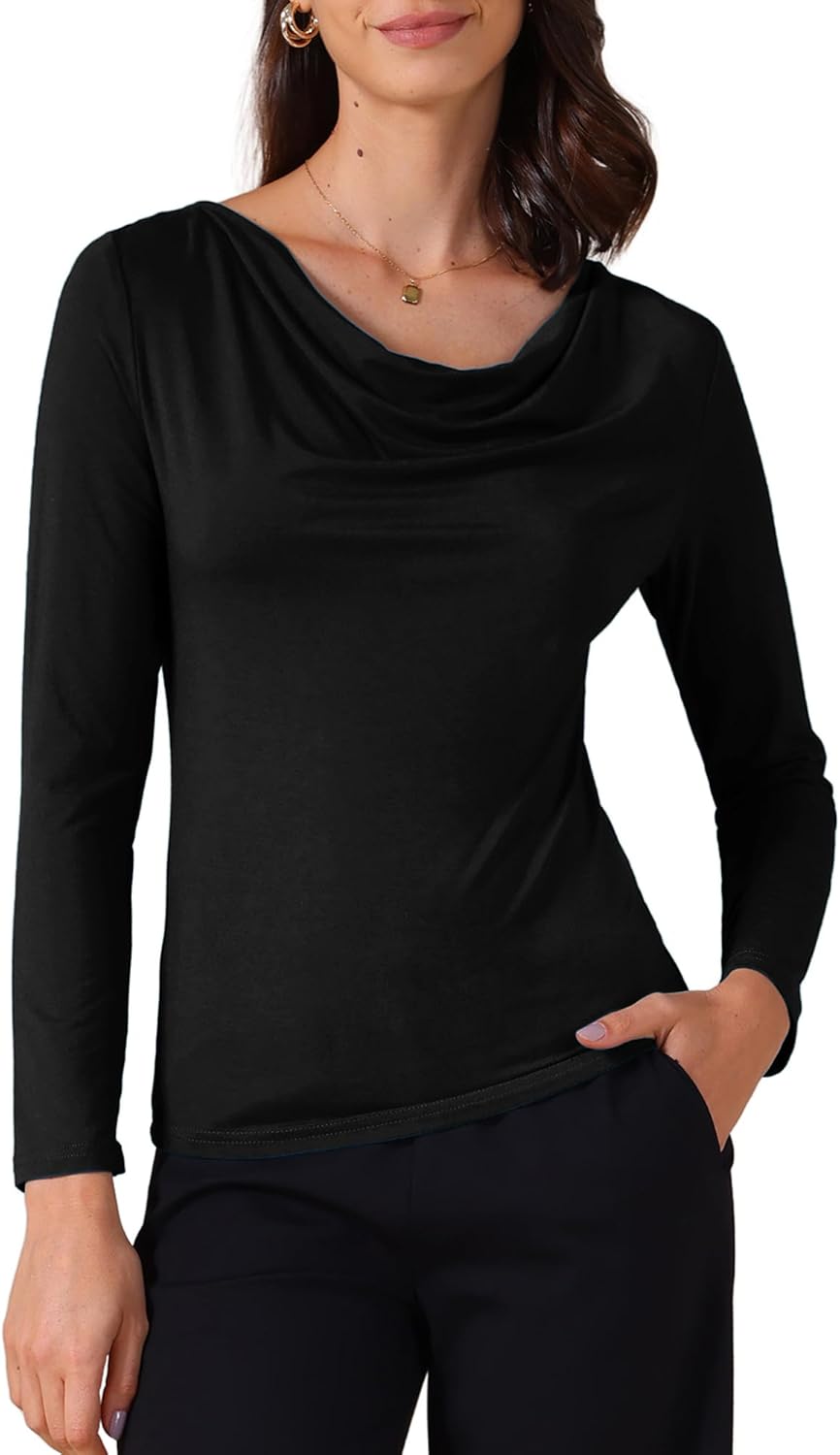 Allegra K Women's Cowl Neck Long Sleeves Fitted Layering Top Soft T-Shirt