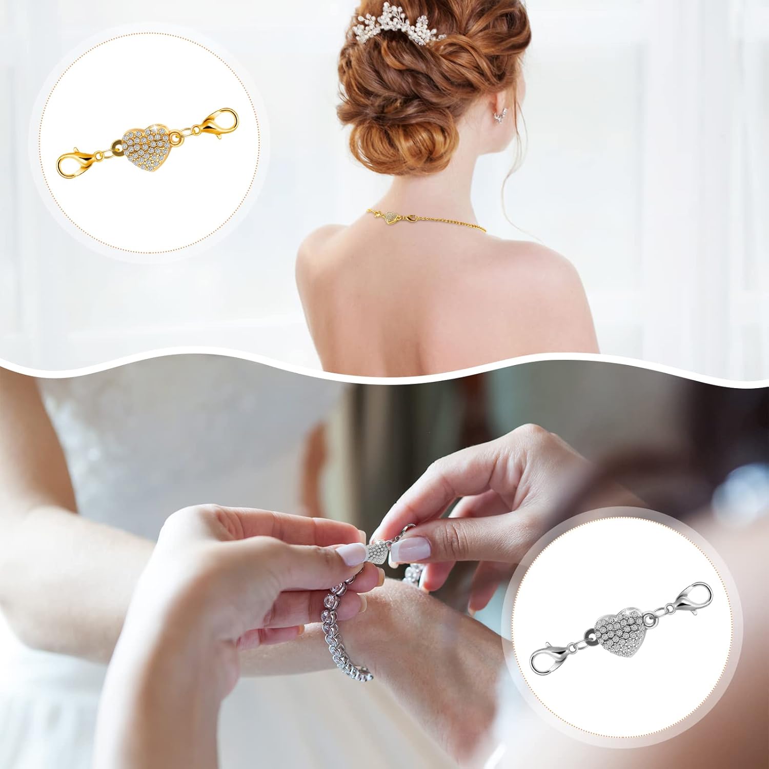 MTLEE 8 Pieces Heart Magnetic Necklace Clasps and Closures for Jewelry Locking Magnetic Lobster Clasp Self-aligning Heart Rhinestone Clasps Necklace Clasp for Jewelry Making Extender - Image 7