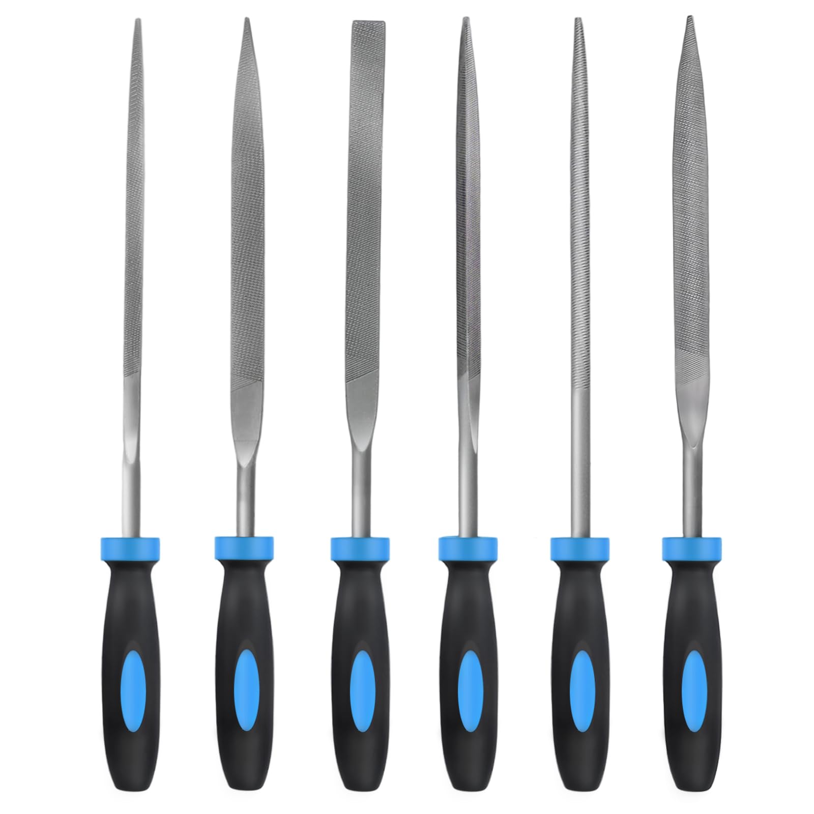 MORROWIND 6-Piece Needle File Set, Diameter 4 mm Length 160 mm Hardened Alloy Steel Mini File for Metal Wood Plastic, Includes Flat, Warding, Square, Triangular, Round, Half-Round, Blue