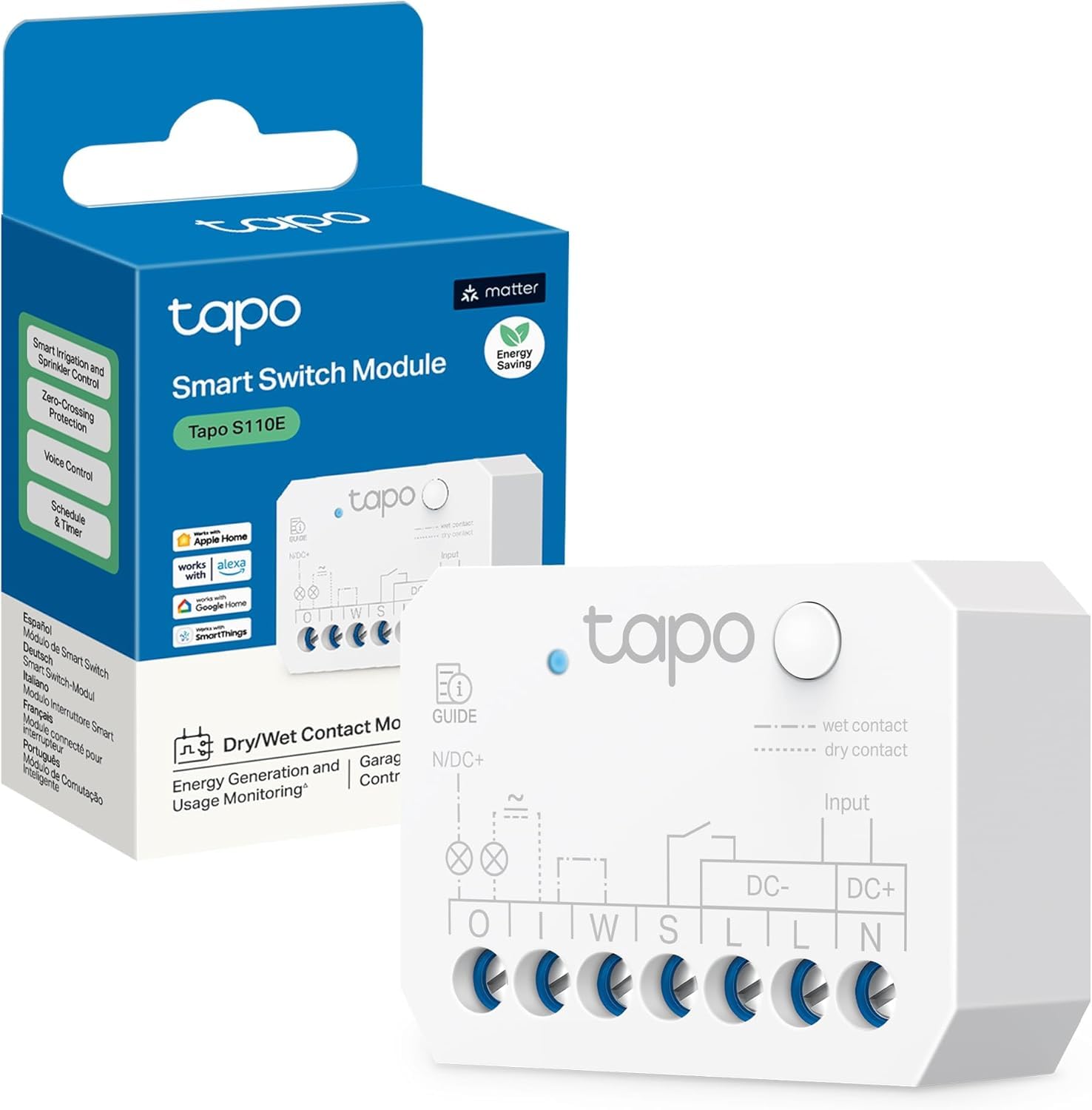 Tapo S110E - Módulo interruptor inteligente Wi-Fi + Bluetooth, contact seco/húmedo, monitor de energía, compatible con Matter, Alexa, Google Home y Apple Home