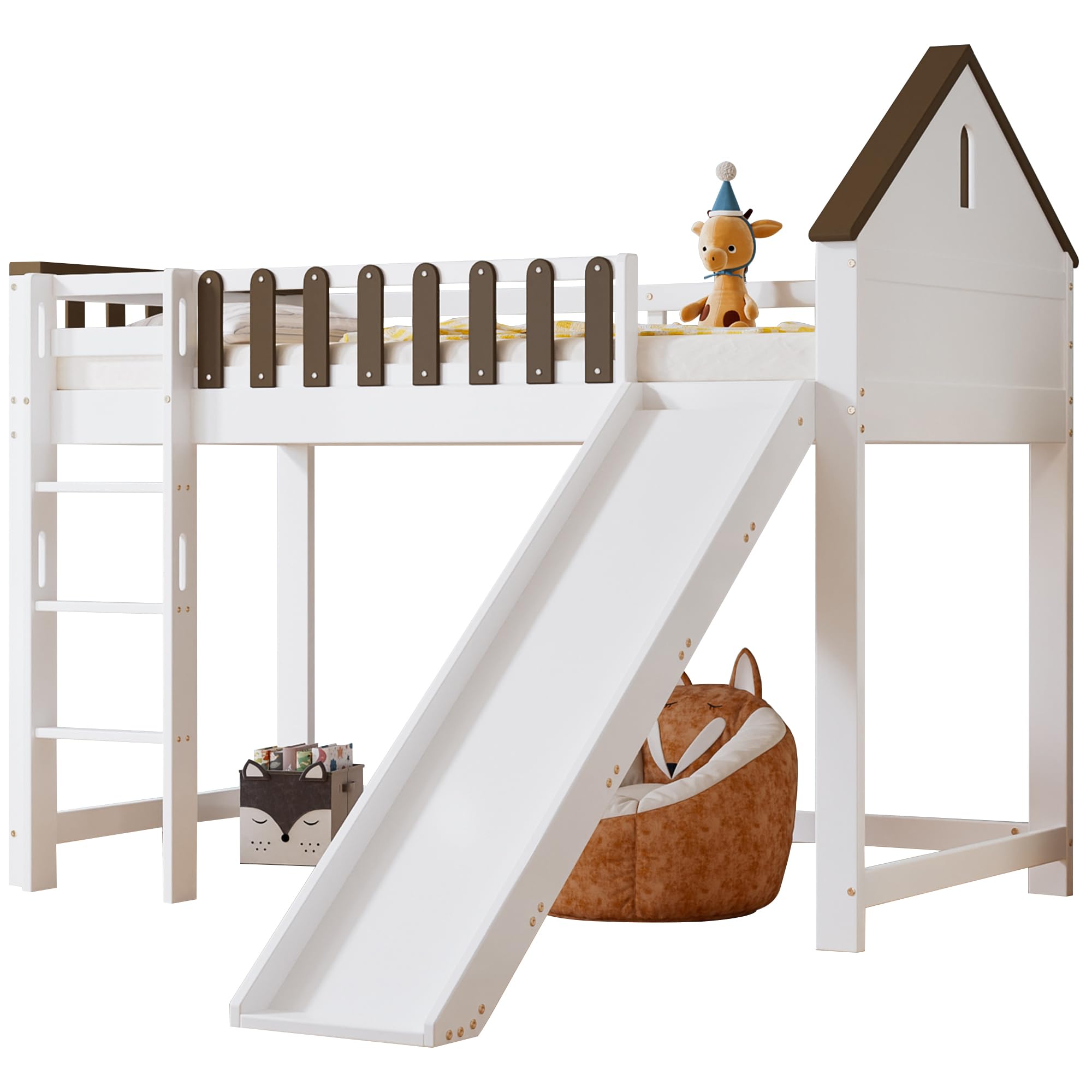 Hochbett, Mit Dach und Fenster, Mit dreistufiger gerader Leiter, Jugendbett, Kinderbett mit Rutsche, Kiefer+MDF, Weiß+Walnuss, 90x200cm