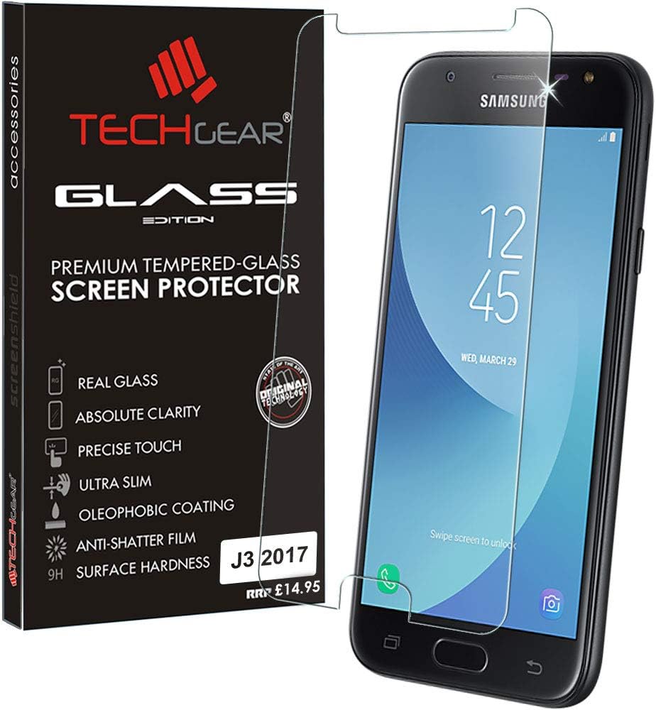 TECHGEAR Screen Protector for Galaxy J3 2017 (SM-J330 Series) - GLASS Edition Genuine Tempered Glass Screen Protector Guard Cover Compatible with Samsung Galaxy J3 2017