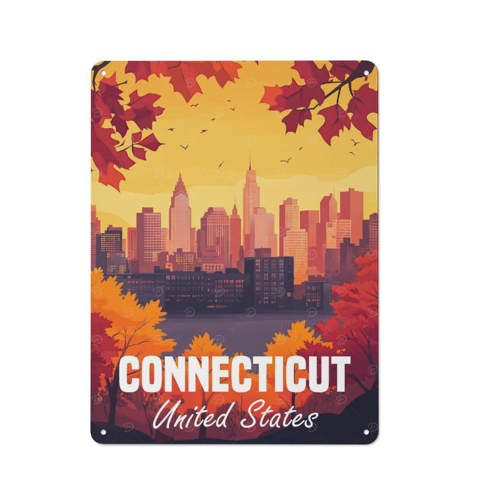 Junmoney Connecticut Skyline Smart Tin Sign 40X30cm Featuring Office Wall Decor For Workspace, Cafe, Shop Or Desk Area