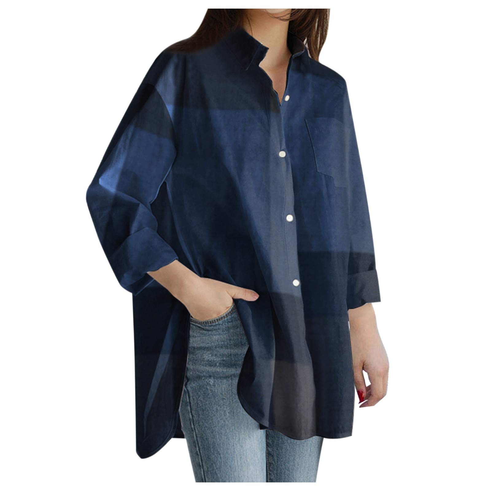 VEMOW Mujeres Sexy Botón Suelto con Cuello en v Camiseta de Manga Larga Casual Irregular del Dobladillo Oversized Long Tops Blusa Plus Size, Elegantes Moda Color Sólido Bolsillo de Camisa