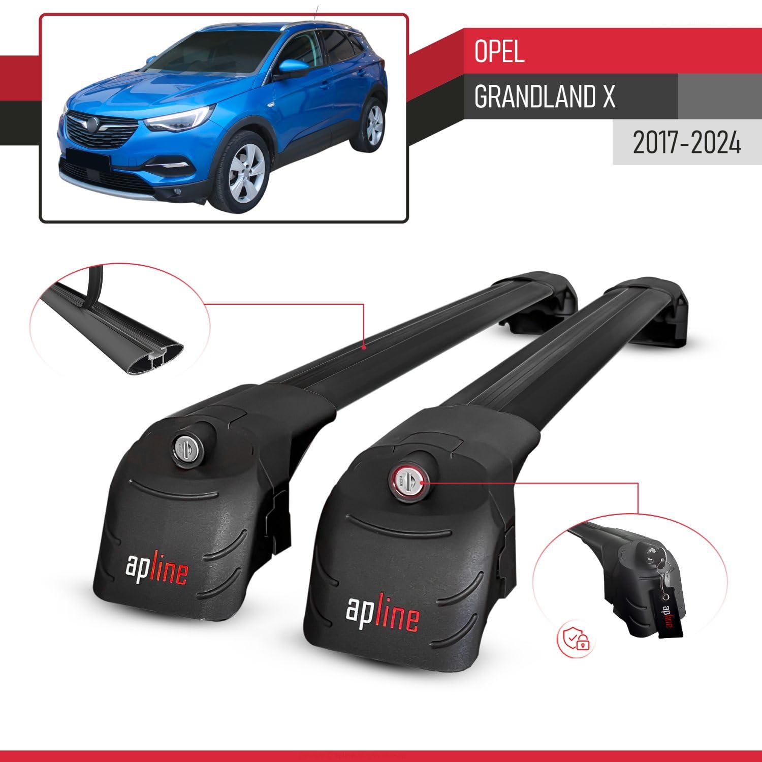 Compatible con Opel Grandland X 2017-2024 Modelo Ace-2 Barra de Techo Auto Portaequipajes Barras Transversales Negro Aluminio 2 Barras