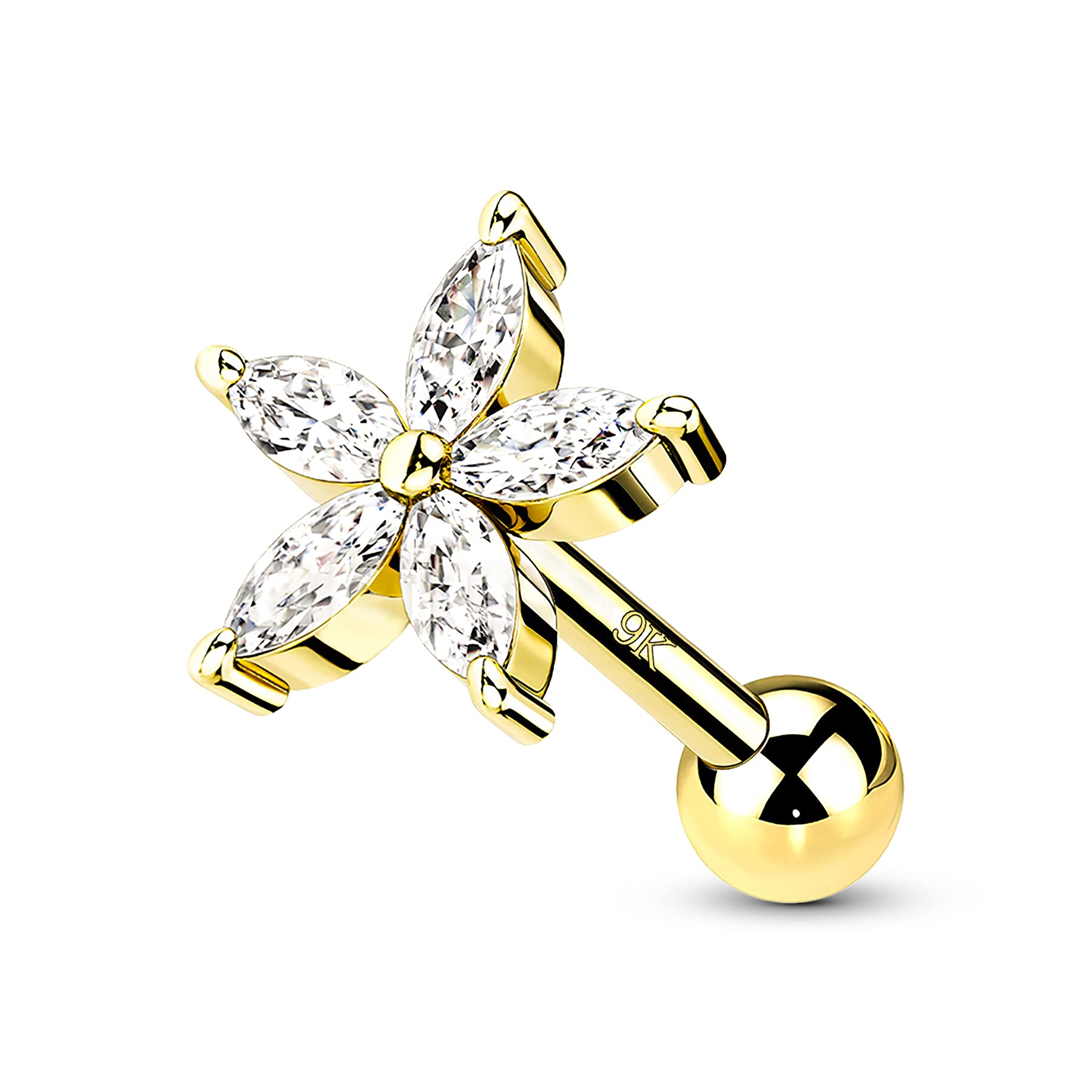 CM Crareesi Mania Orecchini a elica in oro giallo massiccio 9 K a forma di fiore, 16 G, per cartilagine, 6 mm, orecchini a perno con zirconia cubica trasparente, per ragazze
