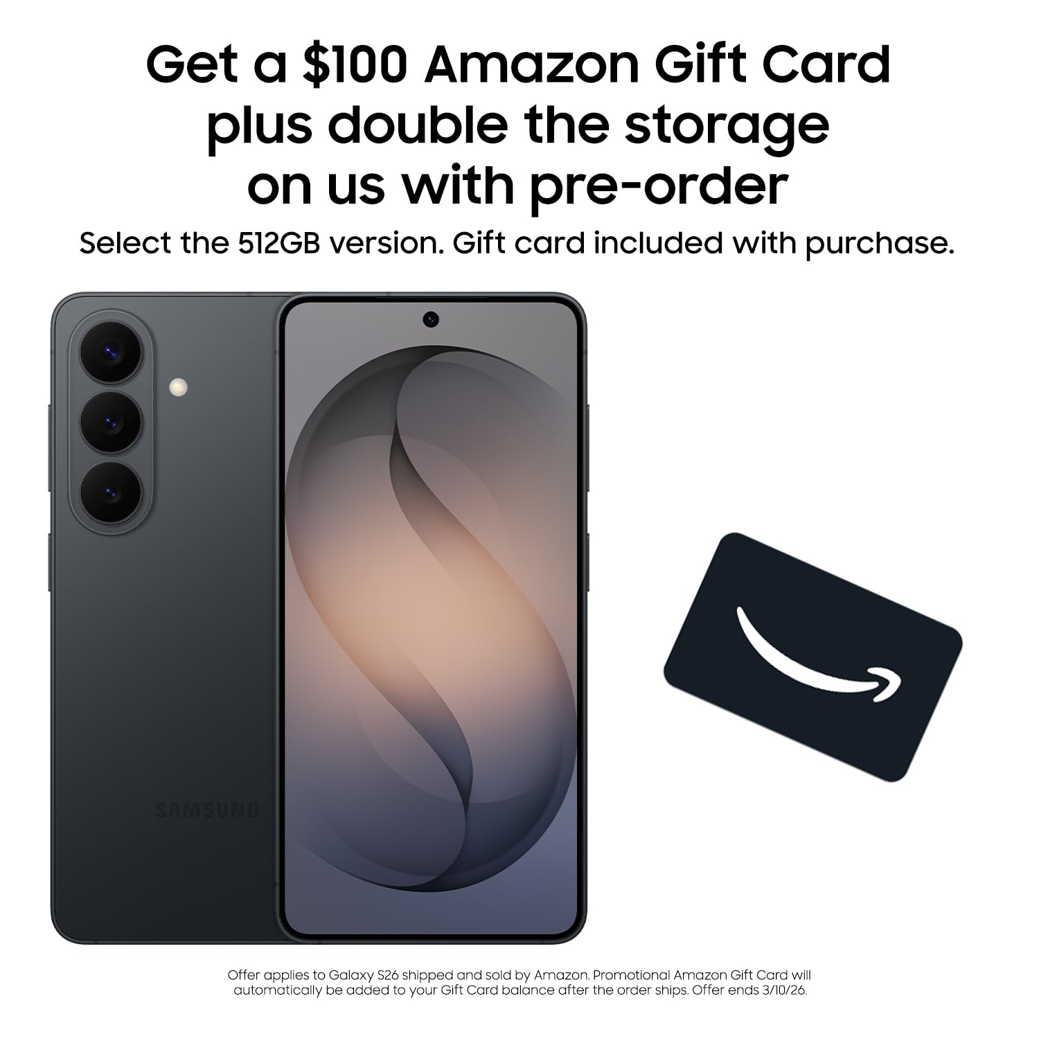 Samsung Galaxy S26, Unlocked Android Smartphone, 512GB, Powerful Processor, Galaxy AI, Immersive Viewing, Durable Battery, 2026, US 1 Year Warranty, Black