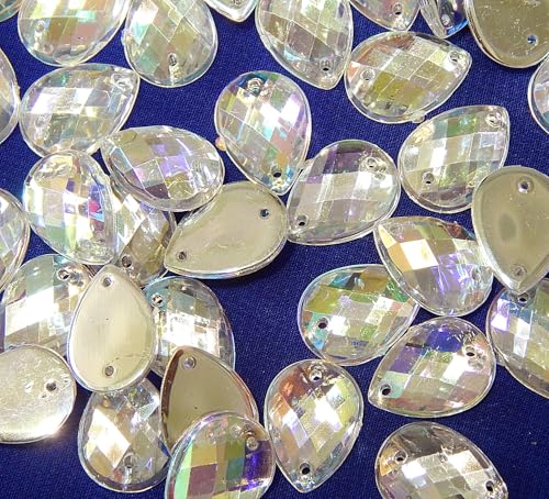 Perlin 100Stk. Strasssteine zum aufnähen Kristall AB Glitzersteine zum annähen Tropfen Set, 14x10 mm, Acrylsteine Crystal Flatback für Kleidungsstück Basteln Kleidung und Tasche Deko