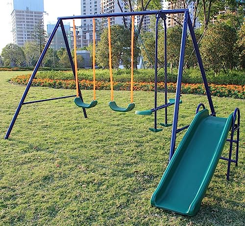 AOKUNG A-Frame Metal Swing Set w/Slide (Blue, Green, Orange)