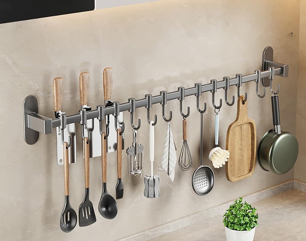 XEIJAYI Utensil Hooks，Kitchen Utensils Rack, Aluminum Kitchen Rail Wall Mounted Rack with Hooks Organiser Kitchen Utensils Rack Wall Mounted Hanging Rail Rack(80cm)