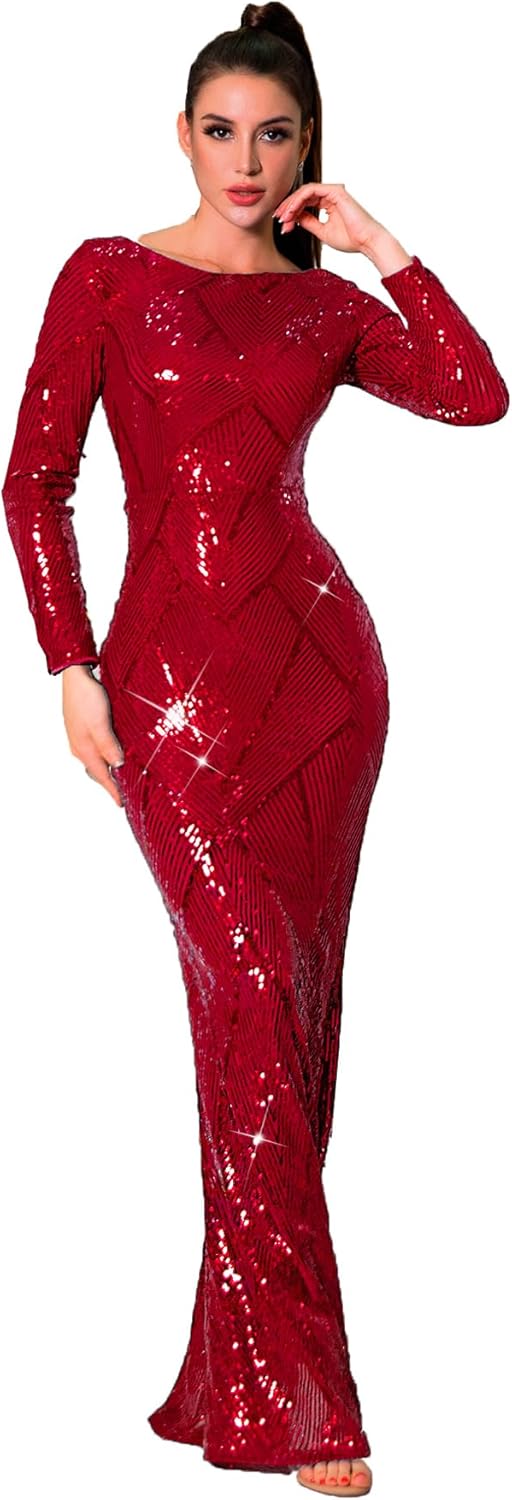 Stretch Sequin Formal Party Dress Long Sleeve Boat Neck Maxi Gown