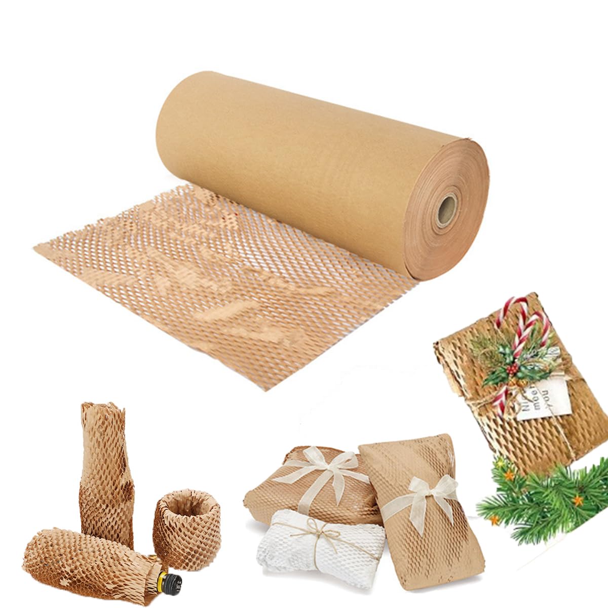 Verpackungspapier Rolle 50cm x 30m, Recycelbares Waben Packpapier Kraftpapier Rolle Biologisch Abbaubar Luftpolsterfolie für Umzug, Versand, Verpackung, Zerbrechlich