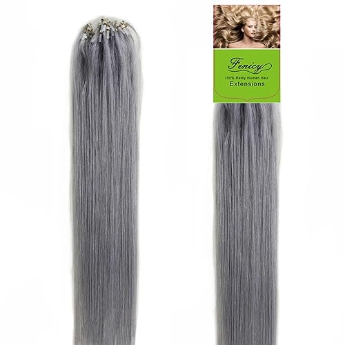 Extensiones de cabello humano Remy, cuentas de micro anillo, punta de bucle, 100S AAAAAA (22 pulgadas, 0.02 ozs, gris)