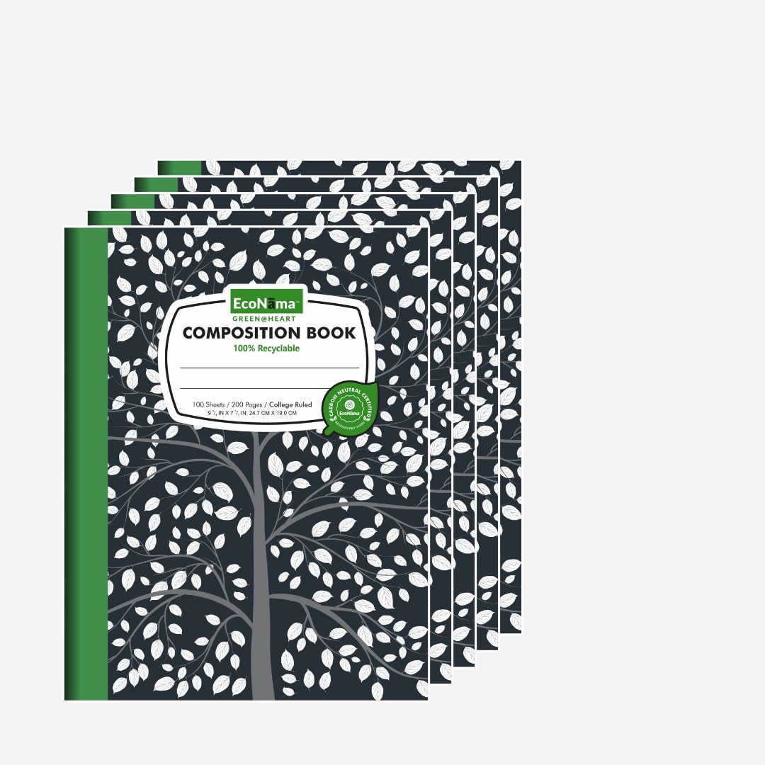 Cuadernos de composición con rayas universitarias, 200 páginas (100 hojas) 9.75 x 7.5 pulgadas, papel reciclable neutro de mármol negro, suministros escolares y de oficina ecológicos para