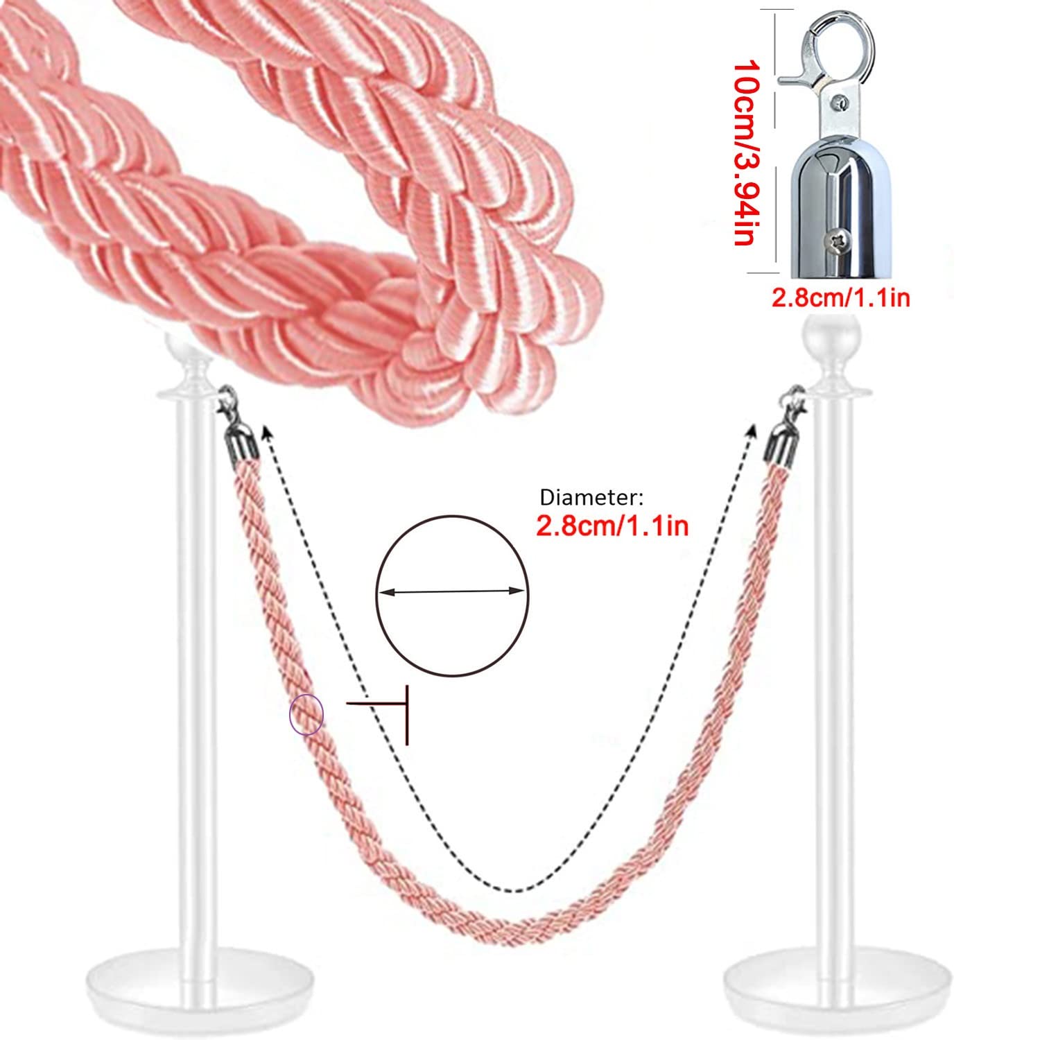Generico Barriera di Sicurezza con paletti e Ganci in Oro Rosa - Corda in Canapa da 1,5 m per Il Controllo della Folla, Linea di Sicurezza per paletti, Chiusura a Scatto Lucida, Soluzione Durevole PE