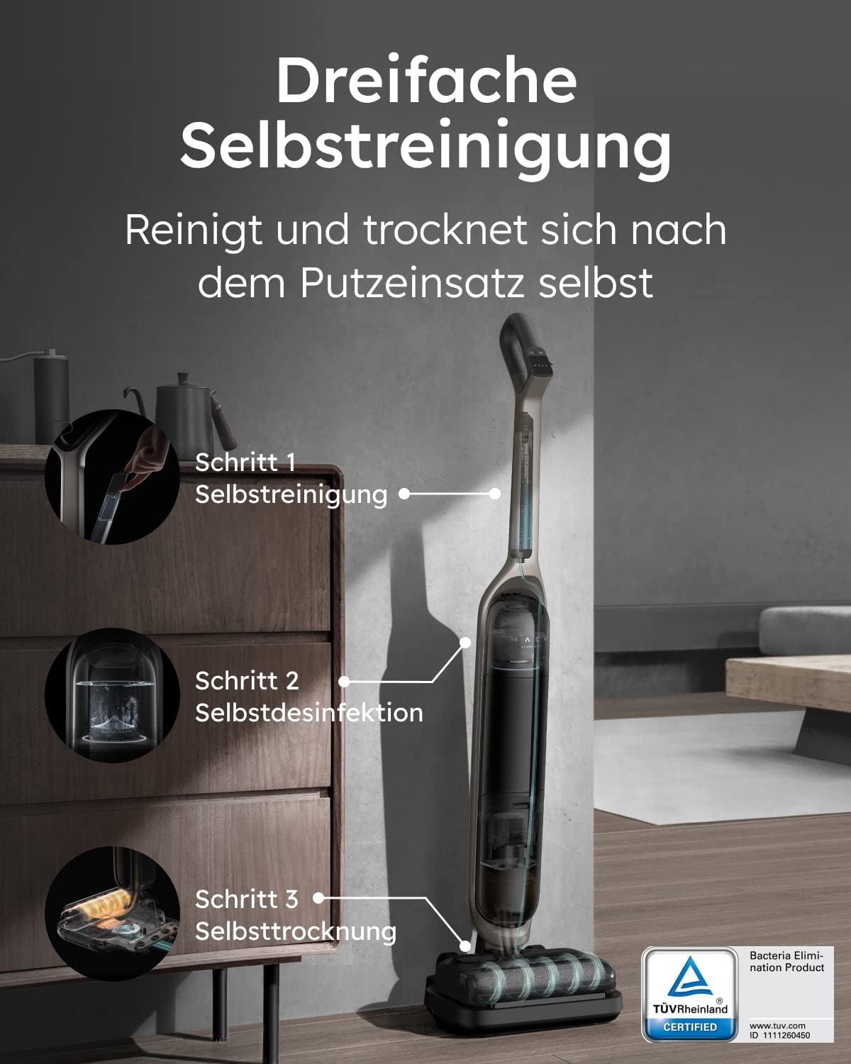 eufy MACH V1 Ultra, Kabelloser All-in-One Stabstaubsauger mit Dampfwischer, SteamWave™, Always-Clean Mop™, 3-fache Selbstreinigung, Eco-Clean Ozon, Tesla Valve Mixing(Generalüberholt)