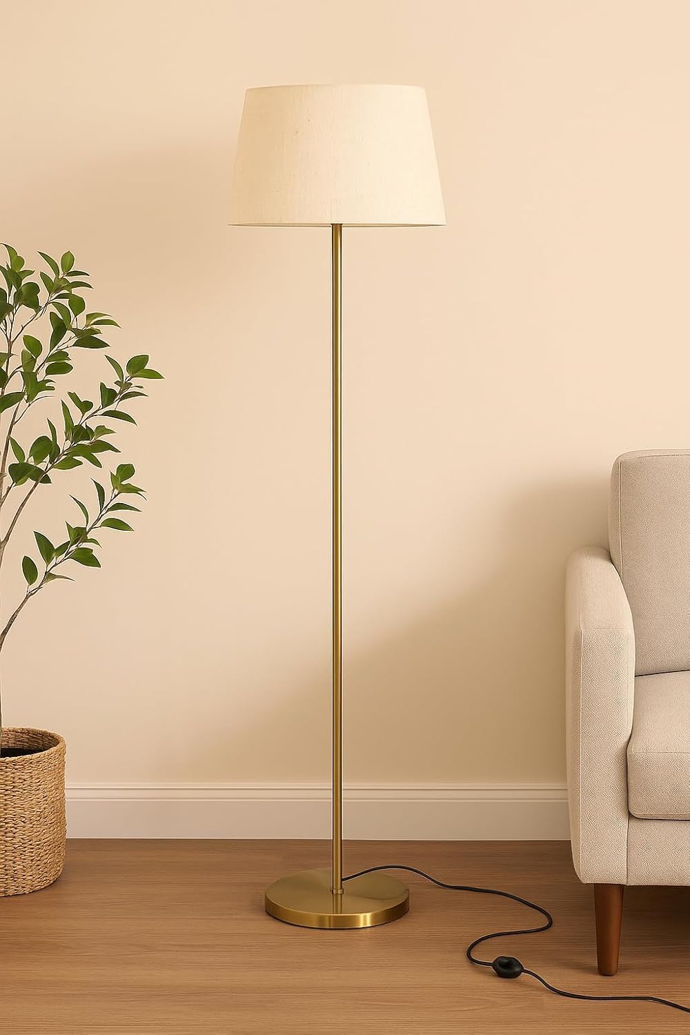 Heaven Craft Floor Lamp Standing Modern Antique Brass Finish 5ft Height with 12 inches Off White Lampshade for Living Room Corner, Home, Hotel, Office Pack of 1-image-36