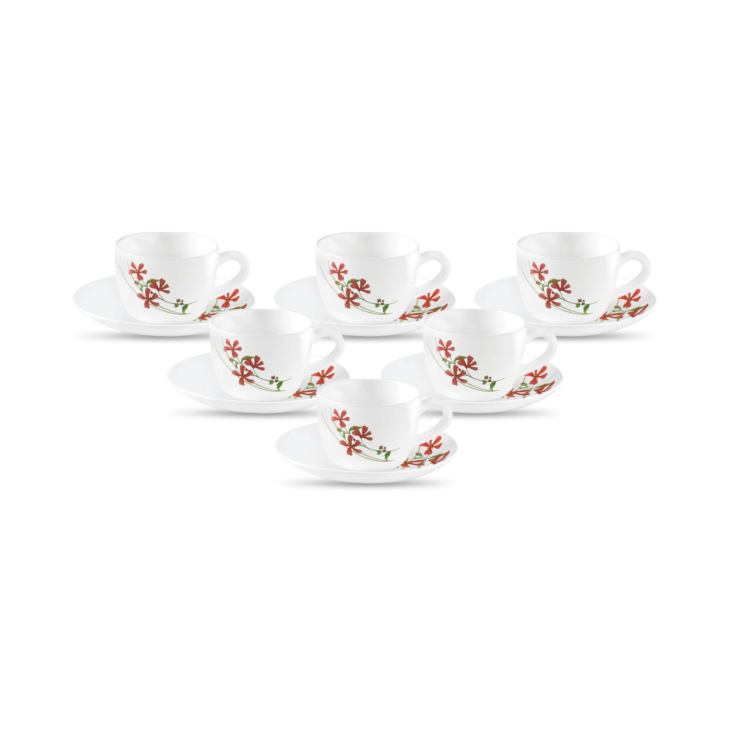 Novo Collection Opal Glass Crockery | Cup & Saucer Princess, Set of 12 | Coral Charm, 150 ml | for Tea & Coffee | Microwave Safe | 100% Vegetarian | Extra Strong | Super Light | Super White