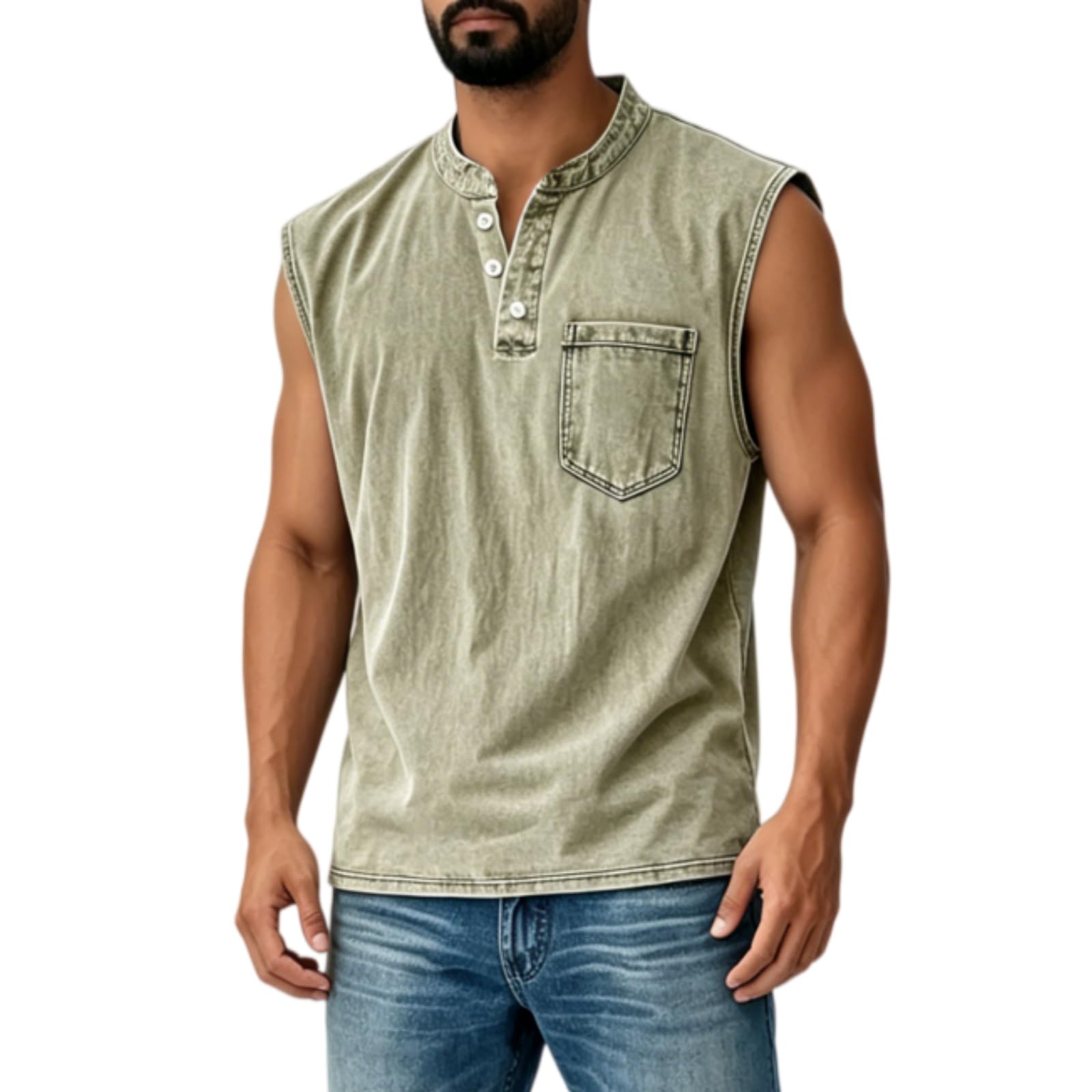 Camiseta sin Mangas para Hombre con Cuello Henley y Corte cómodo, Ideal para Entrenamientos y sesiones Deportivas, con Bolsillos.
