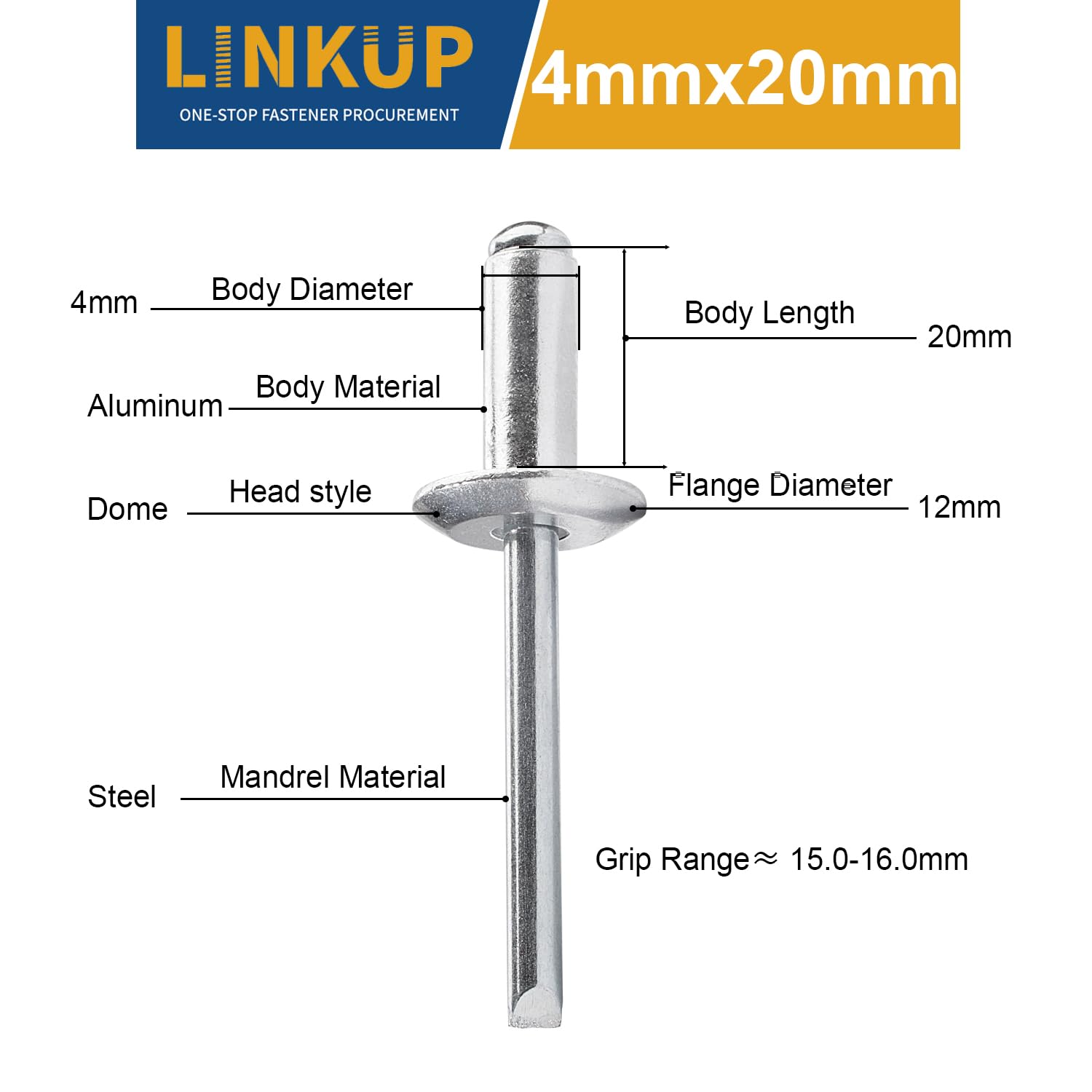 Linkup 140pcs pack 4mm x 20mm Large flange Pop blind Rivets,Large Head aluminum rivets,4mm x 20mm pop rivets,Aluminum Body Steel Mandrel Rivets (Silver)