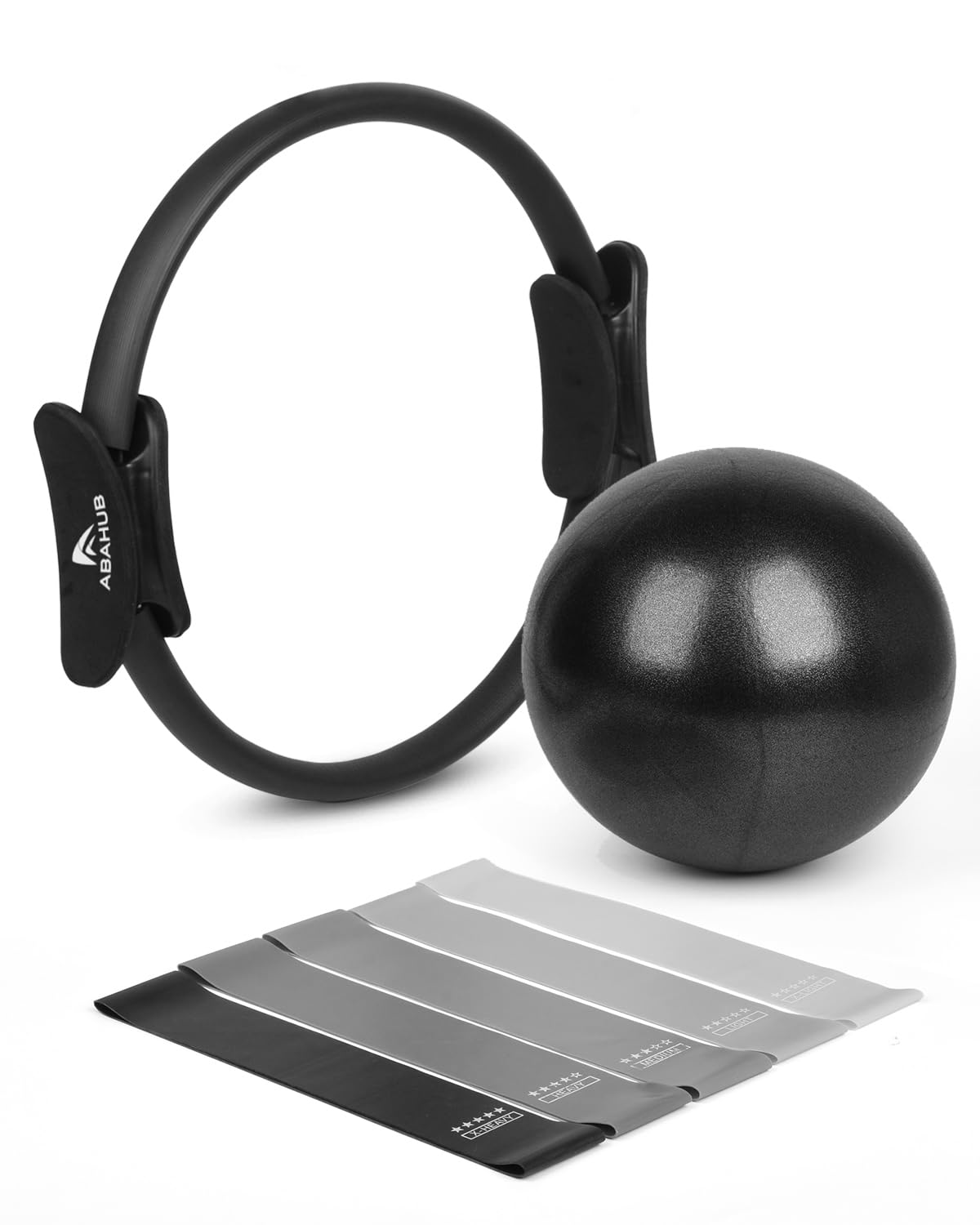 Abahub Pilates Ring Set, Home Workout Pilates Equipment Pilates，14”Magic Circle, 9”Mini Ball, Highly Elastic Resistance Bands, Hoop for Women Home Fitness, Toning Arms, Thighs/Legs & Core, Black Set