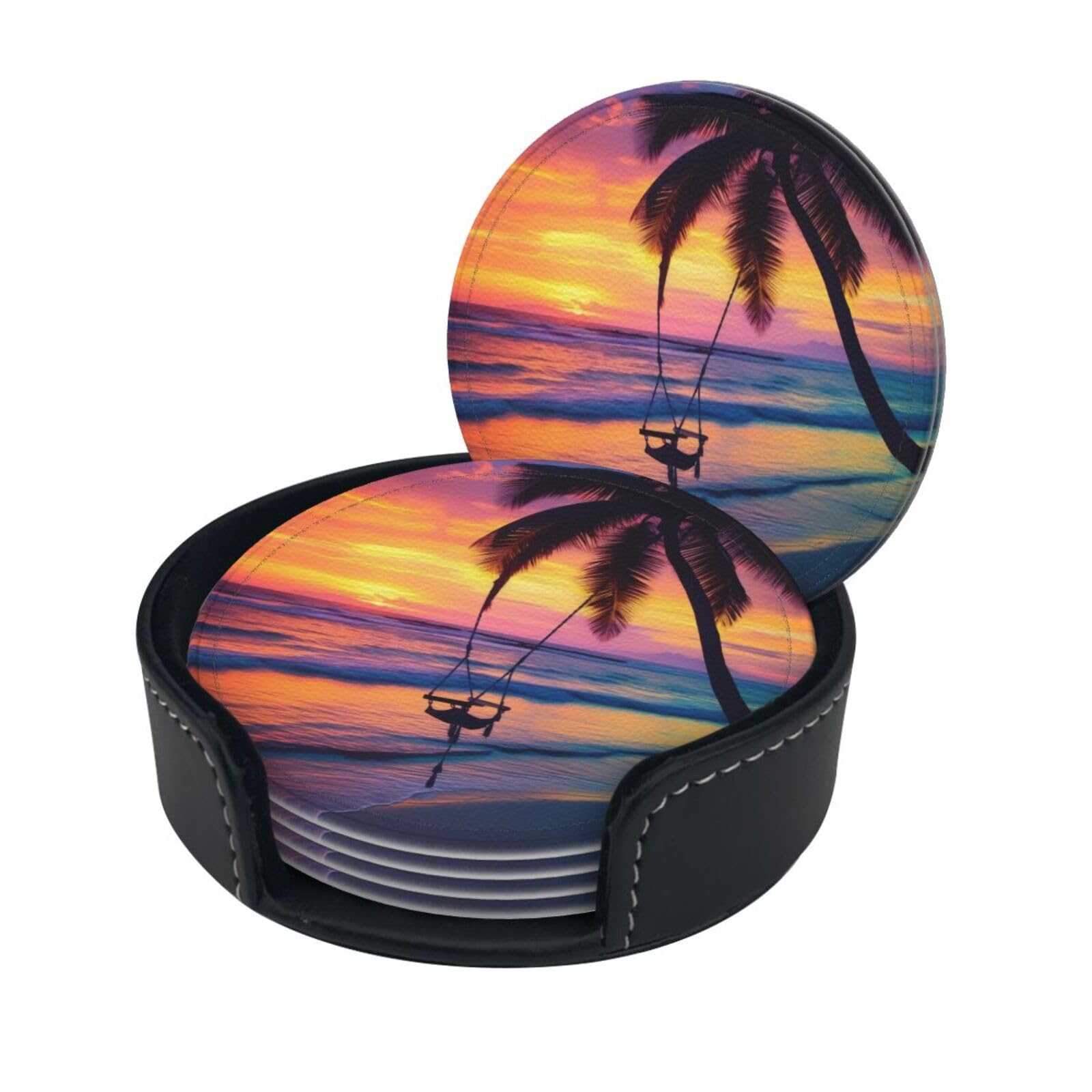 Stylish Coasters - Coconut Beach Sunset Hammock Set of 6 Round Leather Drink Coasters with Holder - Perfect Size for Cups and Glasses