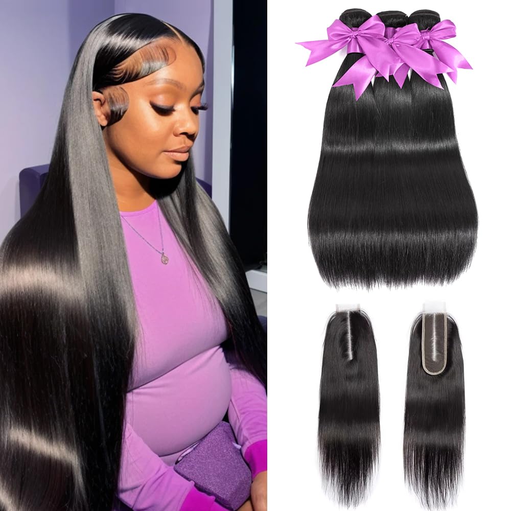 QIYING 2x6 HD Lace Closure with Bundles 10 12 14+10 Inch Straight Bundles with 2x6 Closure Human Hair 100% Unprocessed Brazilian Virgin Human Hair