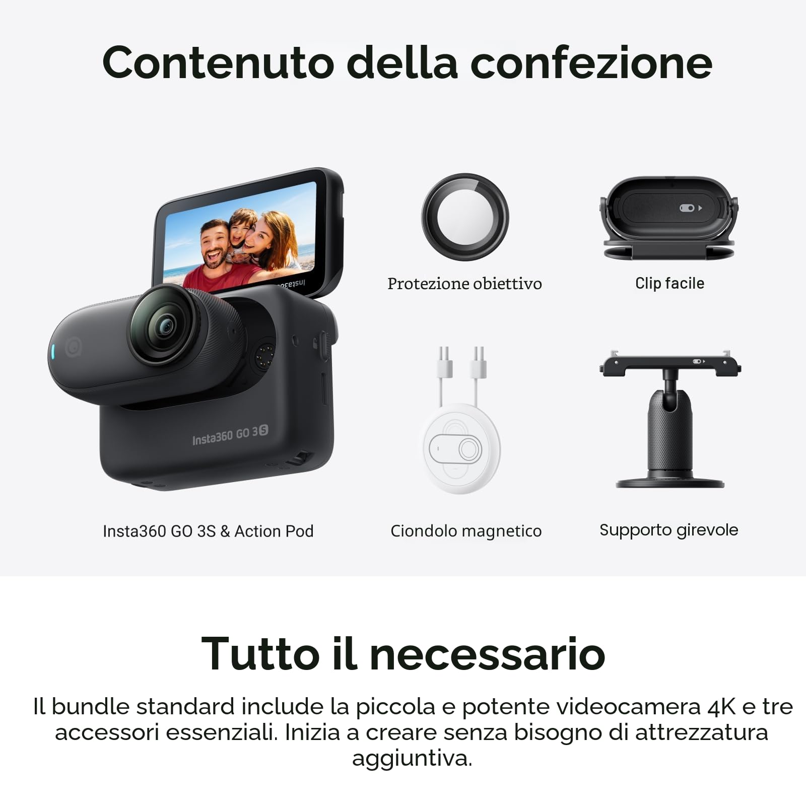 Insta360 GO 3S 64 GB nero notturno - Mini fotocamera portatile 4K, POV a mani libere, applicabile ovunque, stabilizzazione, batteria 140 min, impermeabile 10 m, elaborazione IA, Apple Find My, per