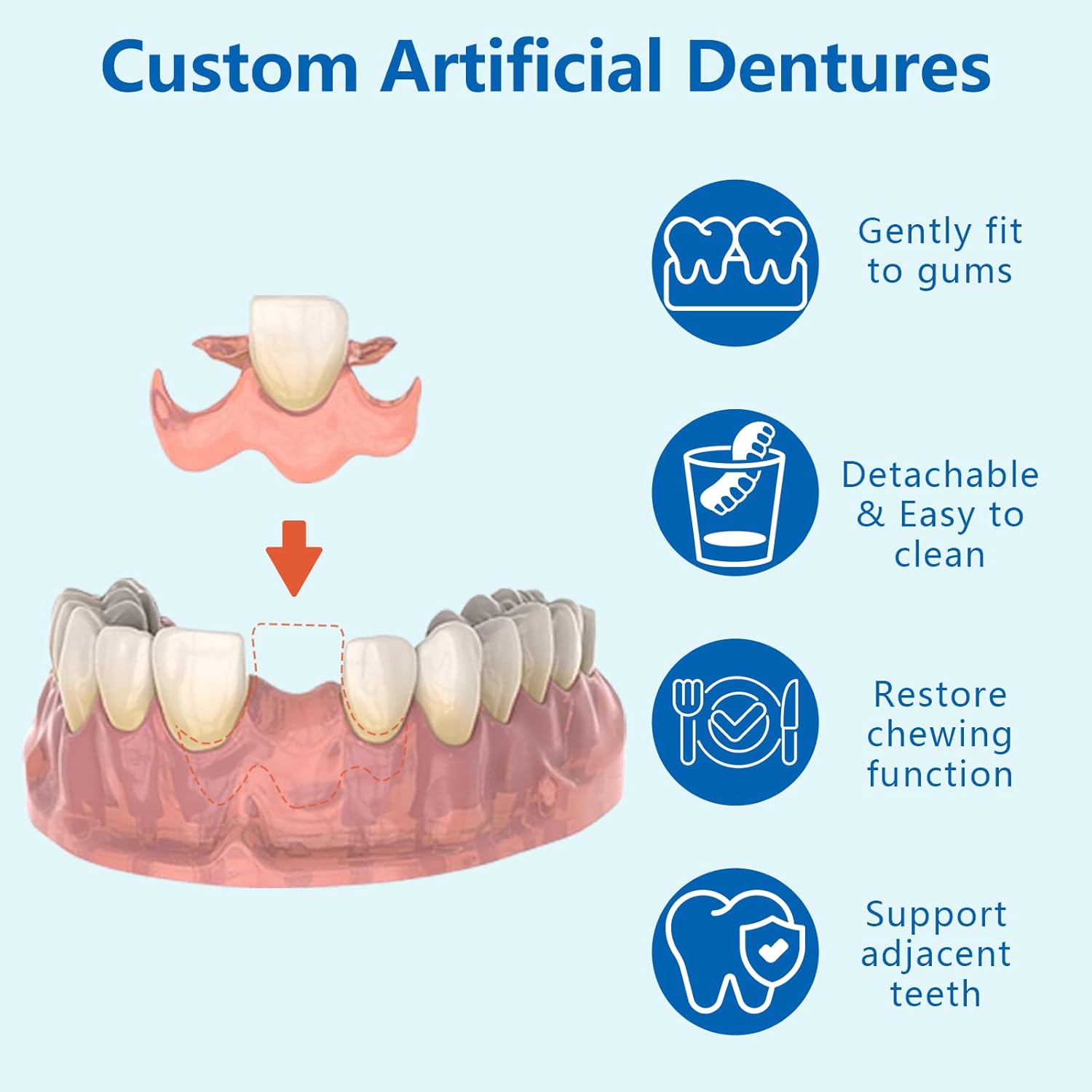 Partial Denture Set for Tooth Replacement, 1–Multi-Tooth Coverage Top & Bottom Flipper Teeth - Kit for Women and Men (1 Tooth)
