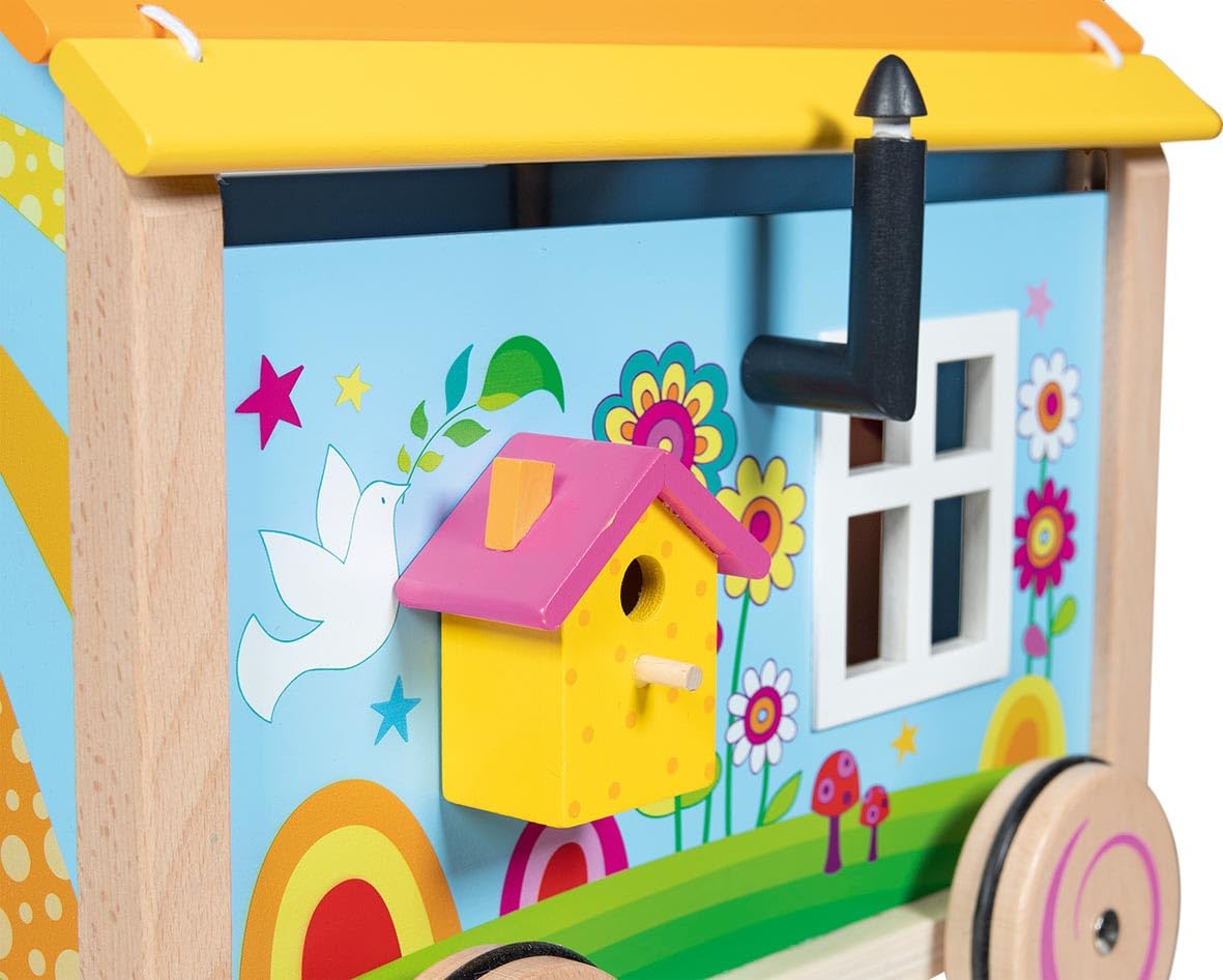 goki 51440 – Wohnwagen Spirit – 12-teiliges möbliertes hippes Puppenhaus-Mobil im Bauwagen-Style mit abnehmbaren Dach und Wänden
