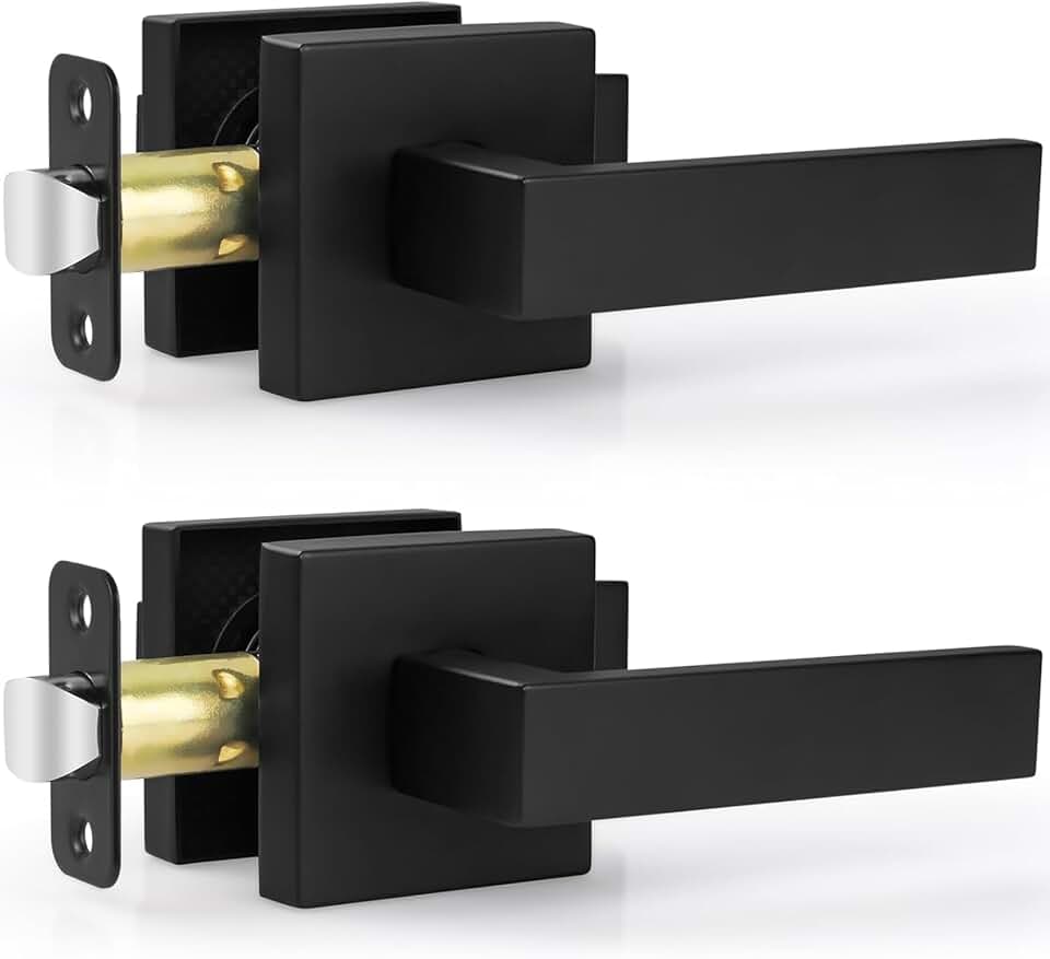 Estmoon 2 Pack Passage Door Levers, Matte Black Door Knobs Interior Square Door Handles, Heavy Duty Non-Locking Leversets Hall Closet Handles, Reversible for Right &amp; Left Sided Doors
