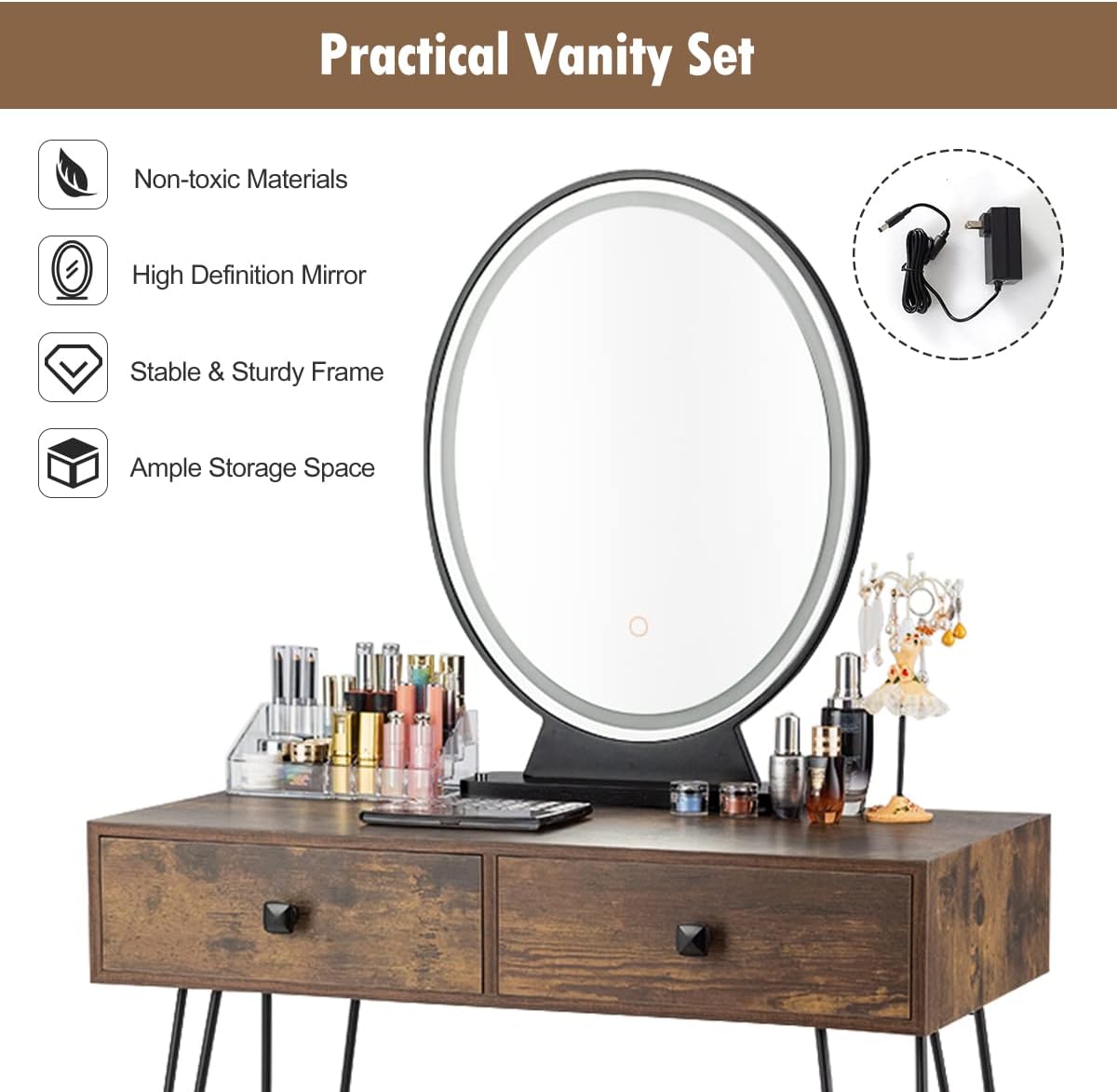 KOTEK Vanity Table Set with Lighted Mirror, Makeup Vanity Desk w/Cushioned Stool, 3-Color Touch Screen Dimmable Mirror, 2 Drawers, Makeup Organizer, Dressing Table for Bedroom (Rustic Brown)