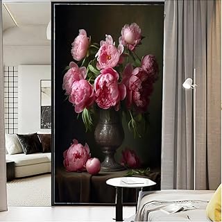 Beautiful Peonies Flowers Window Privacy Film Vintage Vase Flowe Stained Glass Window Coverings Static Cling Window Film for Home Office Stores 17.7Wx23.6L