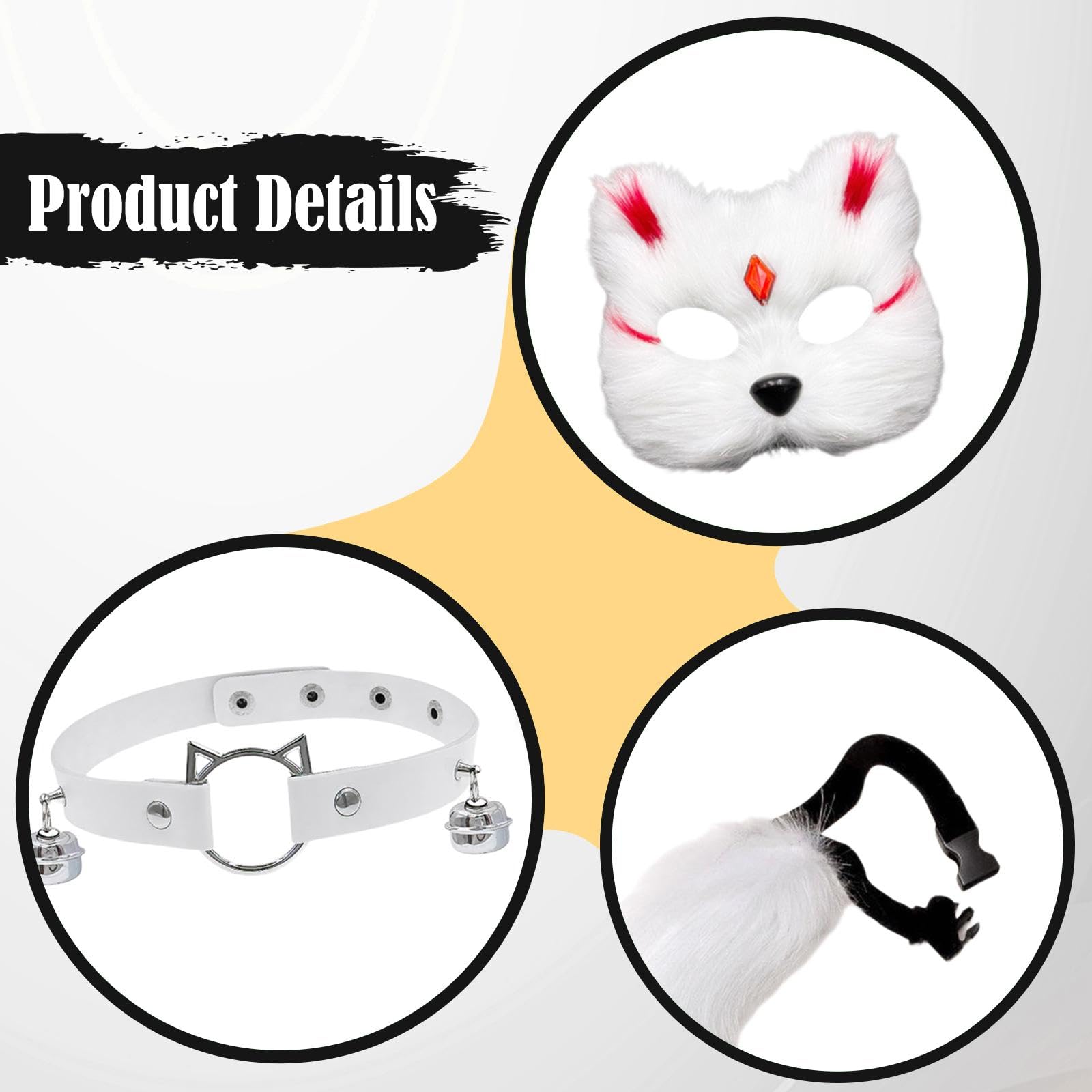 Baoblaze Masque et Queue Chat Renard, Collier pour déguisement, Anniversaire, Mascarade, Spectacle sur scène, Blanc Rouge