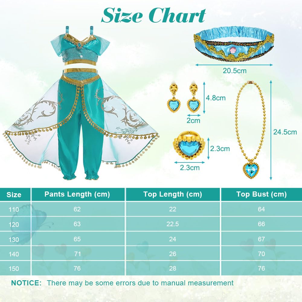 DiULi Jasmine Abiti Ragazze, 7PCS Set Jasmine Principessa Abiti Ragazze con Orecchini, Collana, Anelli, Cerchietti, per Festa Danza Compleanno Halloween Cosplay, Taglia 110-150