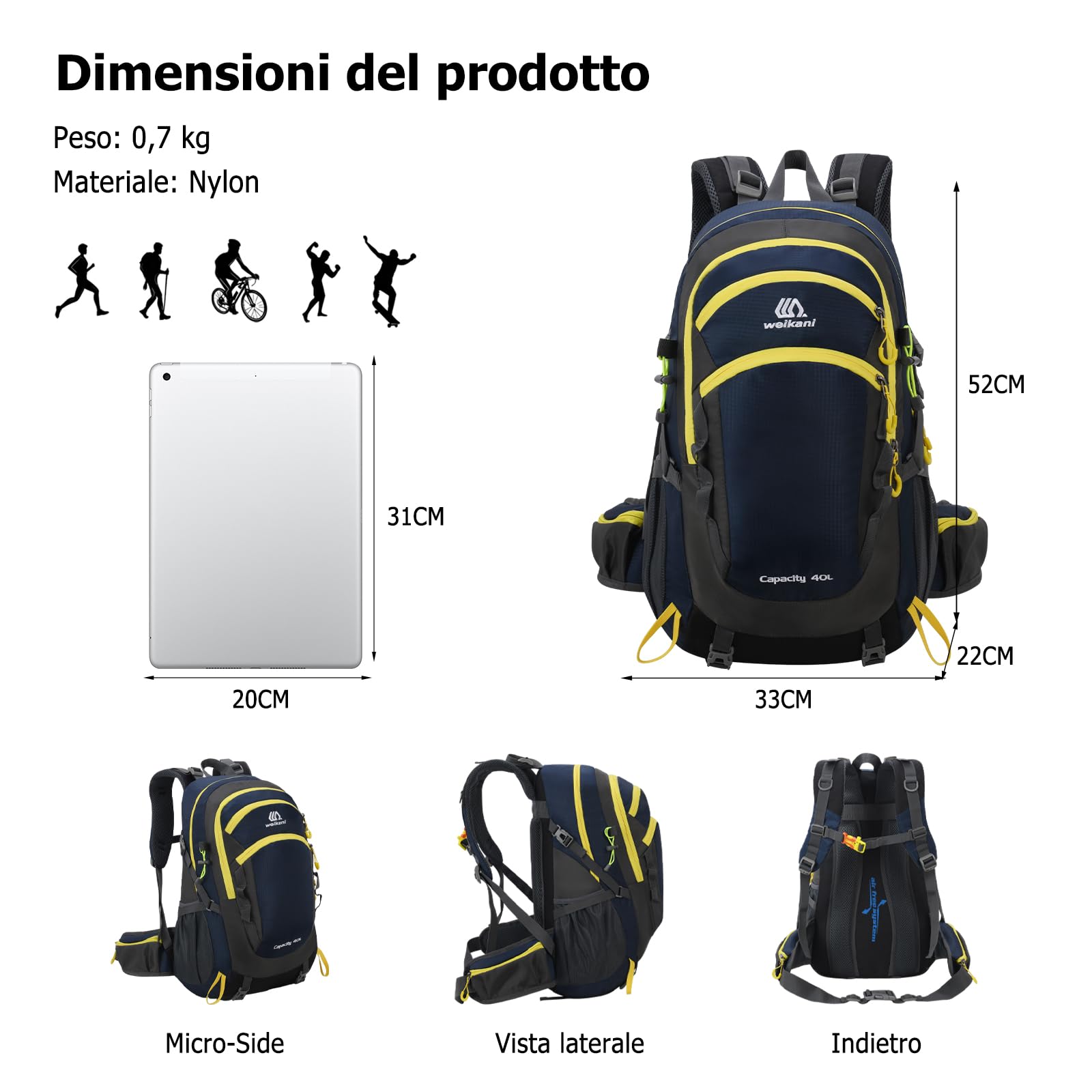 Zaino Trekking 40L Zaino Impermeabile Outdoor con Cinghie di Fissaggio Esterne Ampio Zaini Viaggio per Escursioni Campeggio Gite del Fine Settimana Blu Scuro