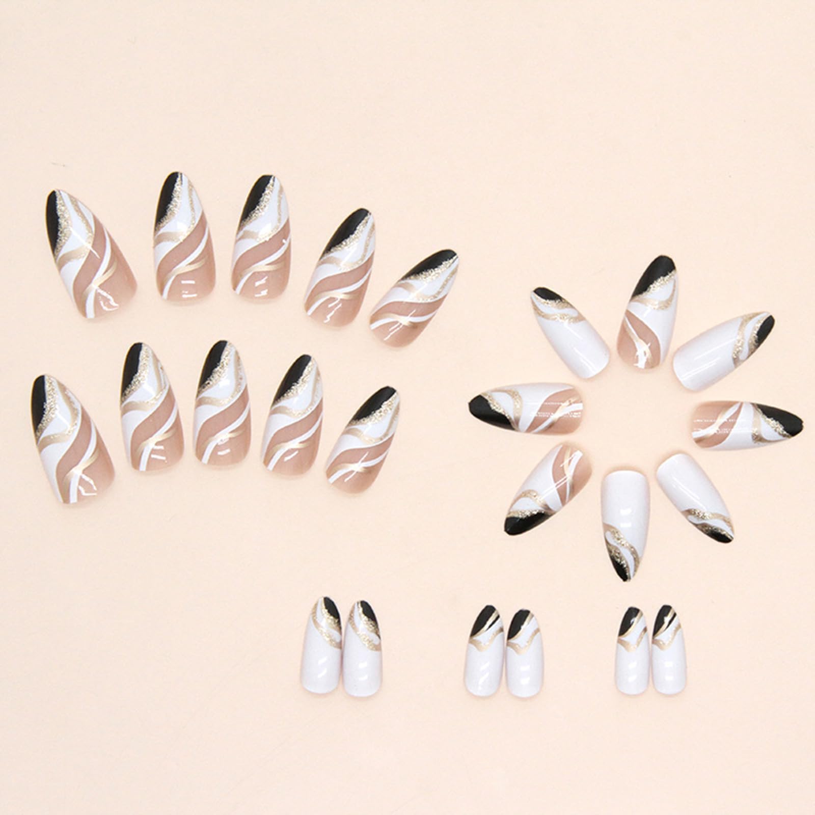 French Almond Fake Nails,Cute Acrylic Nails,Fake Nails with Pentagram,Nude Ladies Artificial Nails 24 pcs: Black and white gold thread
