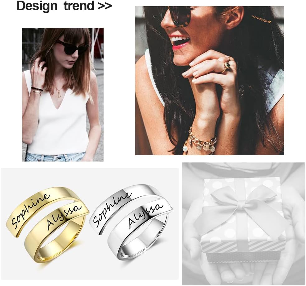 Gold Rings for Women Custom - Non Tarnish Adjustable Stainless Steel Womens Rings Engraved 2-3 Names Promise Engagement Rings for Her Gf
