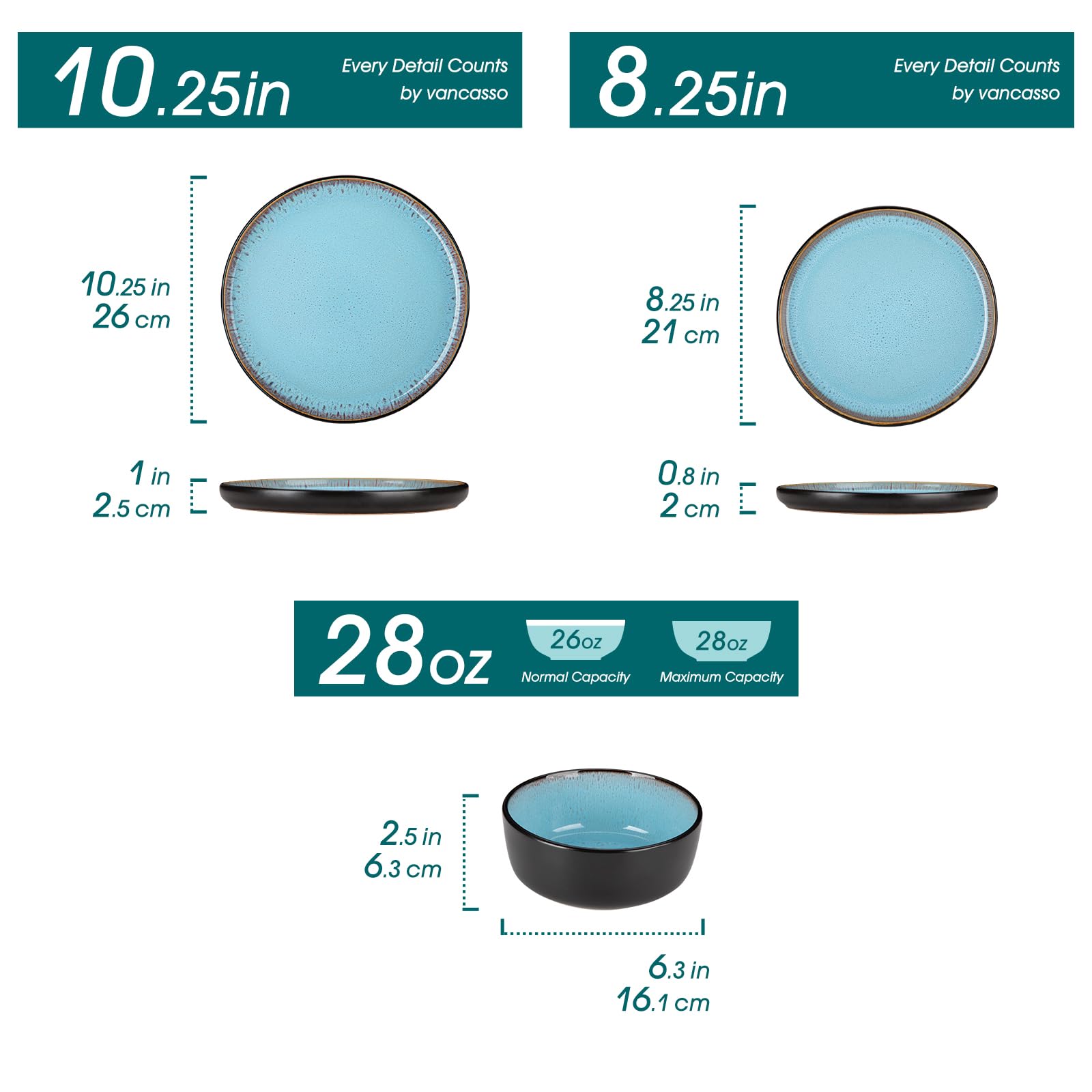 vancasso Starry Blauw Dinner Sets, Serviesgoed met Reactief Glazuur, 16- delig Servies met 11 inch Dinerbord, 8 inch Dessertbord, 7 inch Kom en Mok van 330 ml, Service voor 4