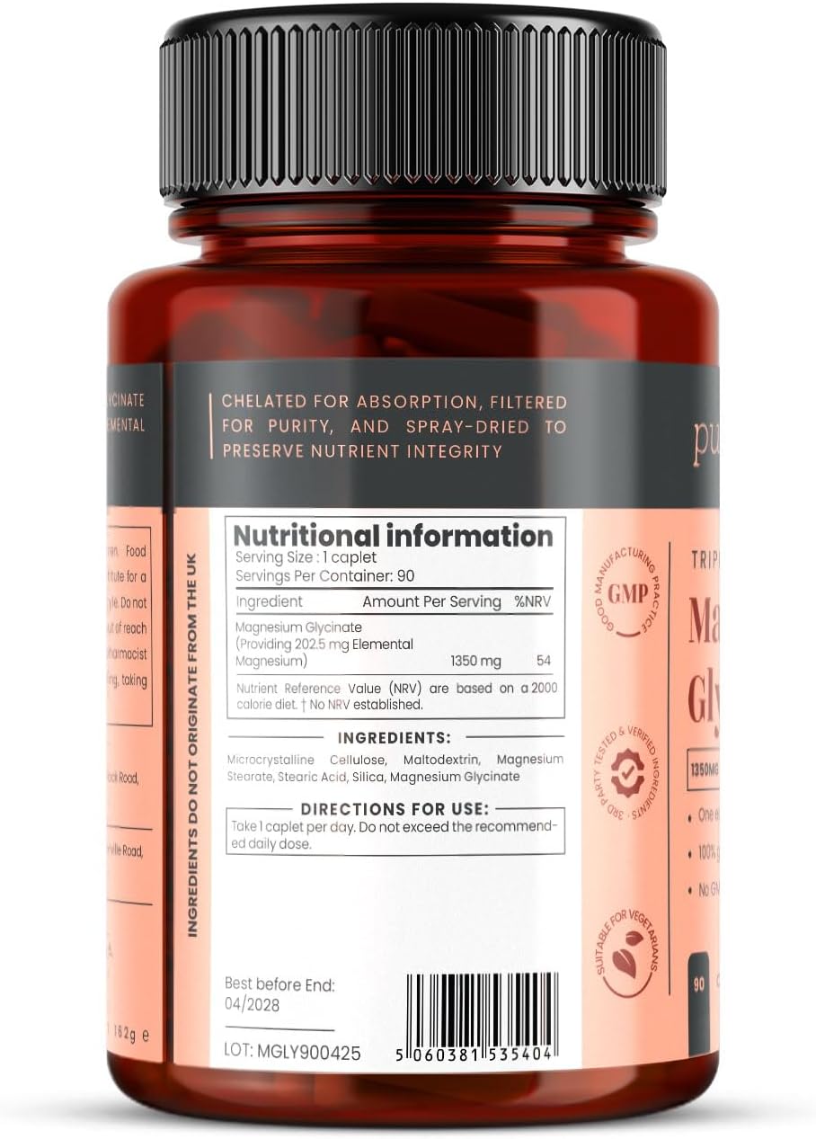 Triple Strength Magnesium Glycinate 1350mg x 180 Caplets (2 Bottles of 90) – 202.5mg Elemental Magnesium Per Caplet – 6 Months Supply - 100% Glycine Chelated, Gentle on The Stomach