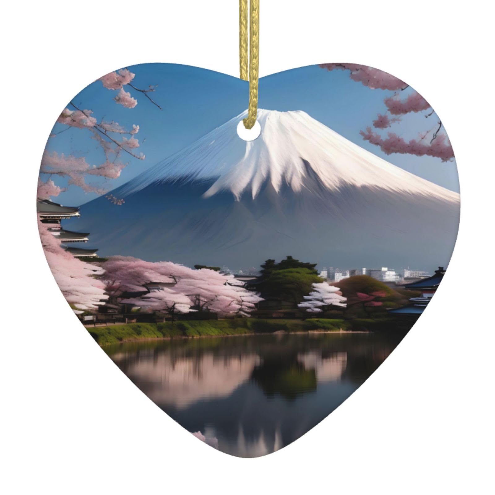 Mt. Fuji in Early Spring Ceramic Christmas Heart Pendant with Silk Thread, Christmas Tree Home Decoration