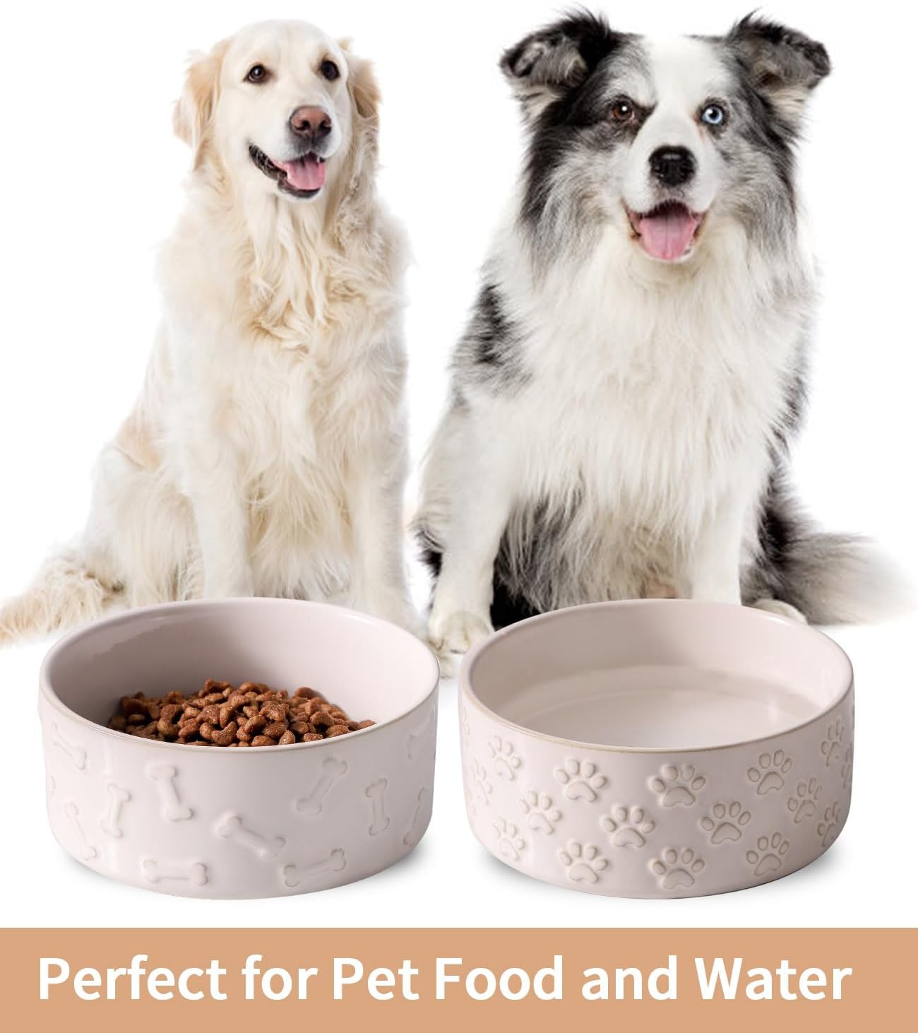 UBEE Ceramic Dog Bowl Set of 2, Dog Food Bowl Dish, Pet Food Water Dish Feeding for Small and Meidum Dogs and Large Cat, White, Paw + Bone Pattern, 6.1 in-Medium