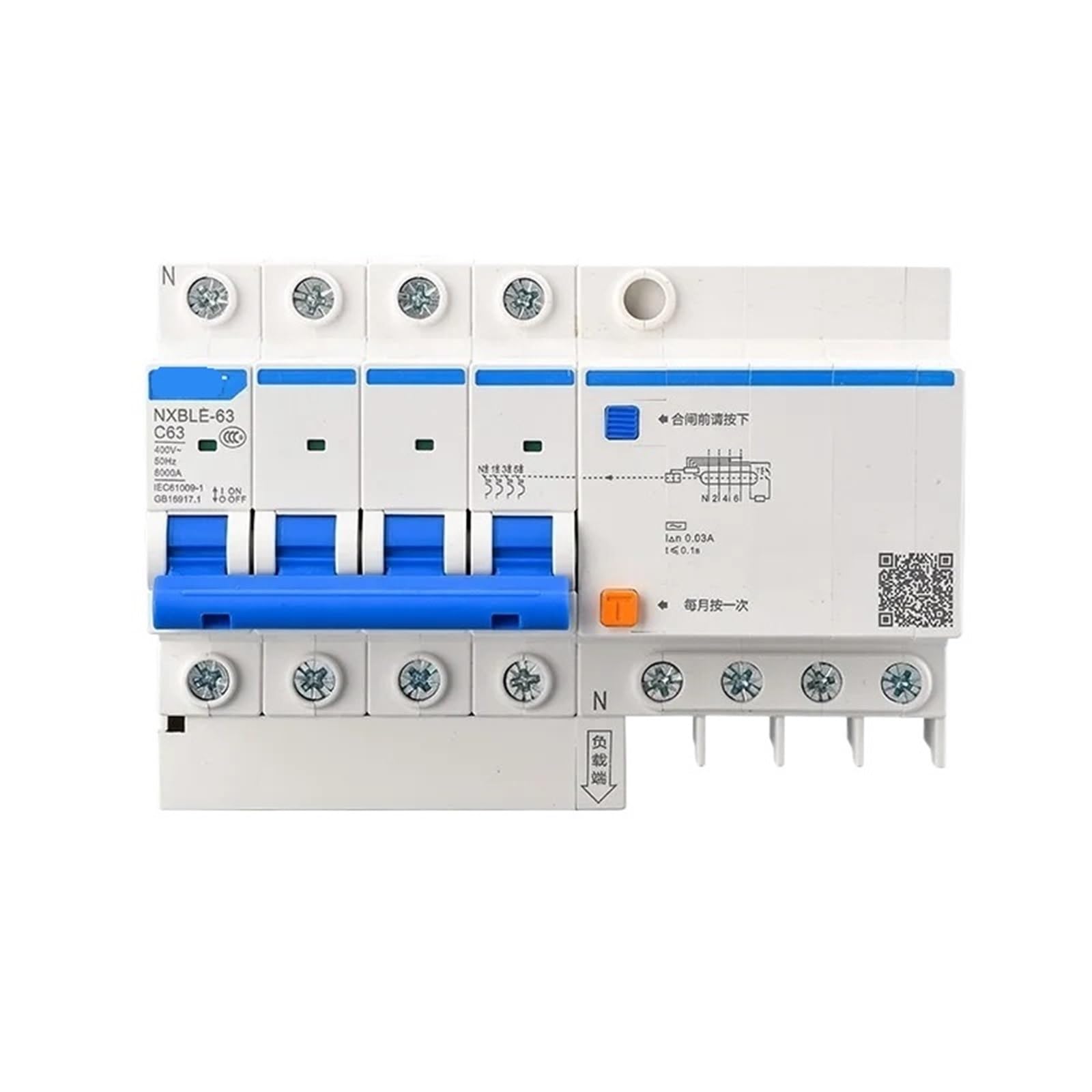 RCBO 6KA Type C 4P élimine risques électrocution disjoncteur différentiel 30mA 10A NXBLE-63