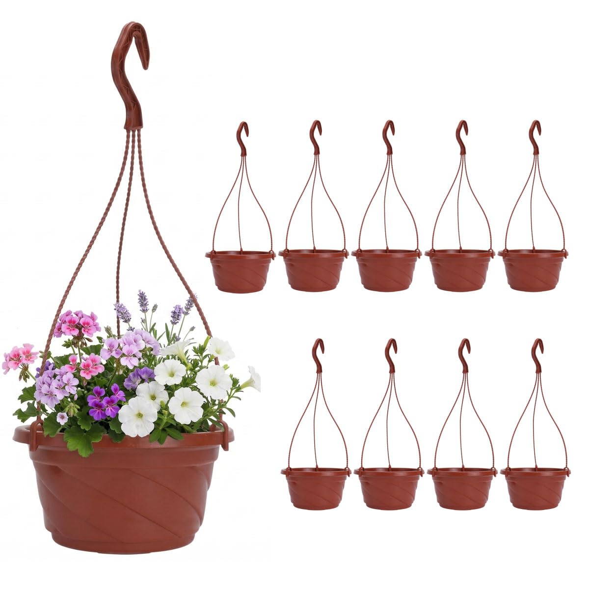 DOITOOL 10 Pack Hanging Plastic Pots for Plants with Hook, Garden Flower Plant Pot Container Baskets Hanging Nursery Planter Holder for Indoor Outdoor Garden Decor (Brown, 6.7 Inch)