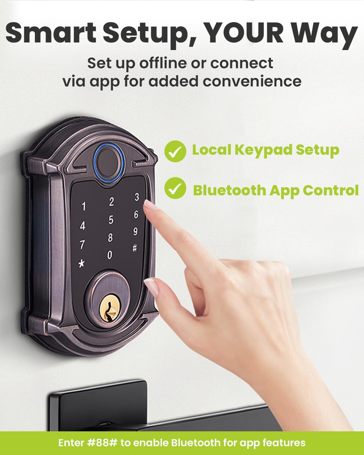 Smart lock keypad setup and Bluetooth app control options.