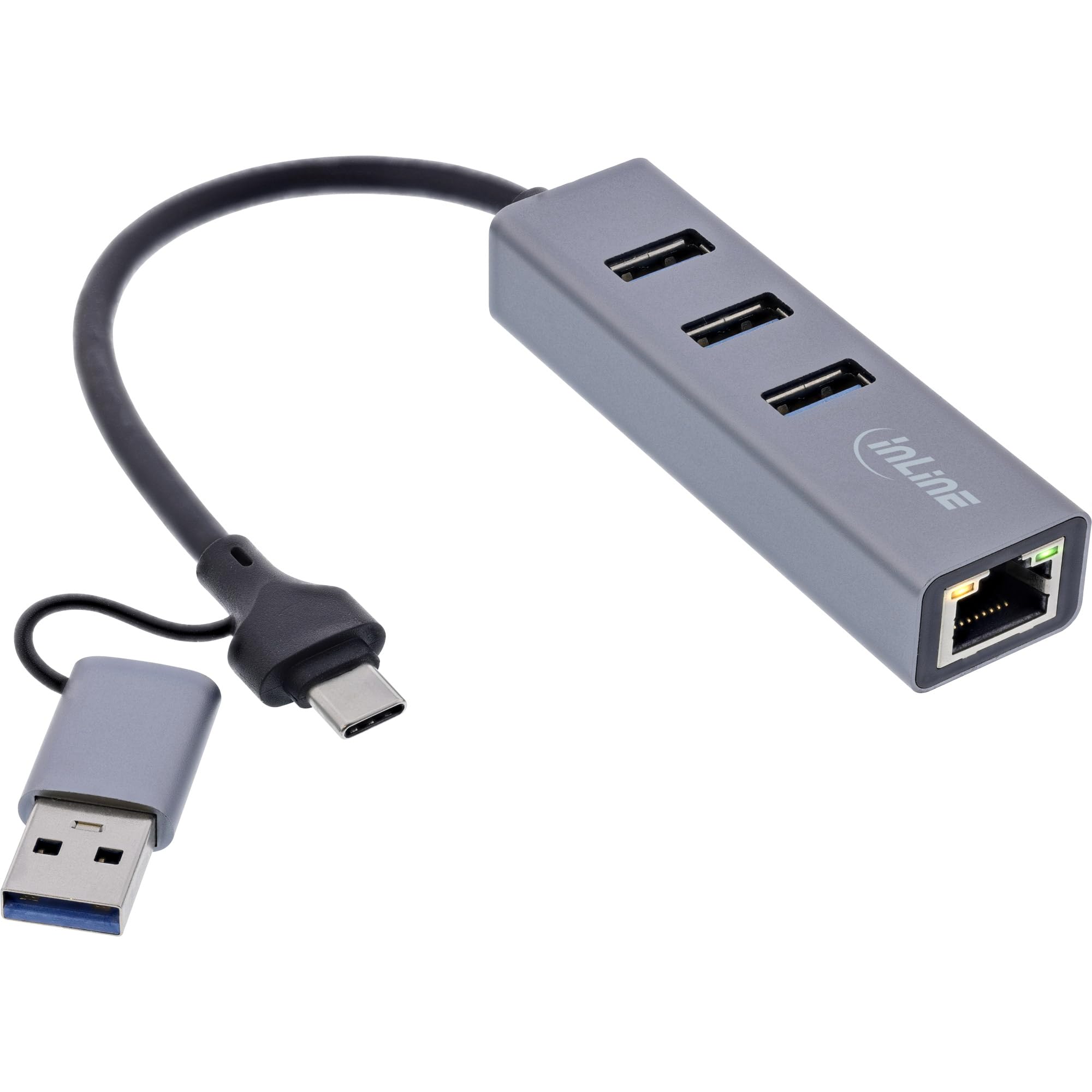 Inline USB auf Ethernet Adapter 4in1 USB-C auf RJ45 Gigabit LAN Netzwerkadapter mit 3 USB-A Ports (3.2 Gen.1)