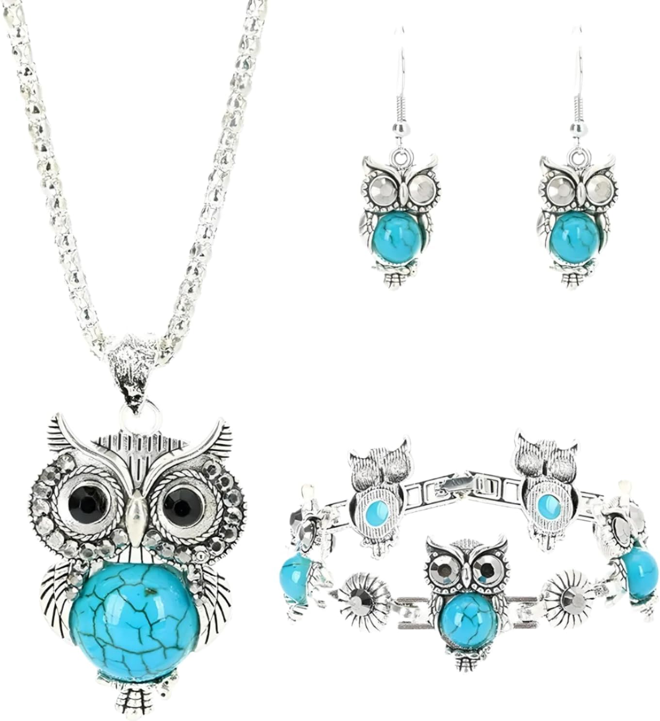 925 Sterling Silver Set Owl Necklace, Bracelet and Earrings For Women - Stone Owl Pendant Necklace Owl Earrings For Women Owl Bracelet Animal Set Jewelry Gifts For Women Athenian Owl Pendant