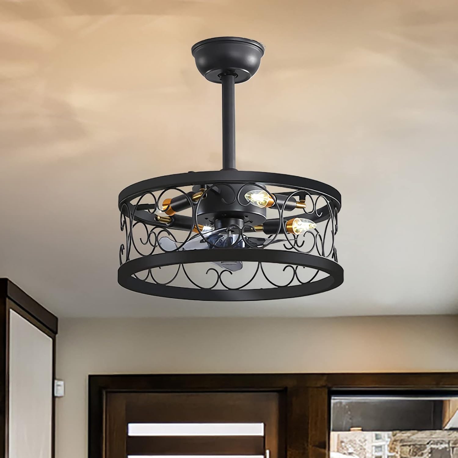 YUEGOO Ceiling Fans with Lamps,6 Speed Reversible Timer Ceiling Fans with Lights and Remote Silent Industrial Black Adjustable 3 Color Temperature Ceiling Fan with Lighting for Living Room/a